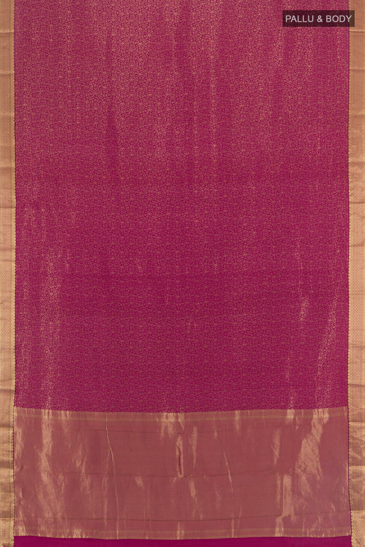 Flat view of Magenta Mysore Crepe Saree with Zari Brocade on the body and Zari Border. 