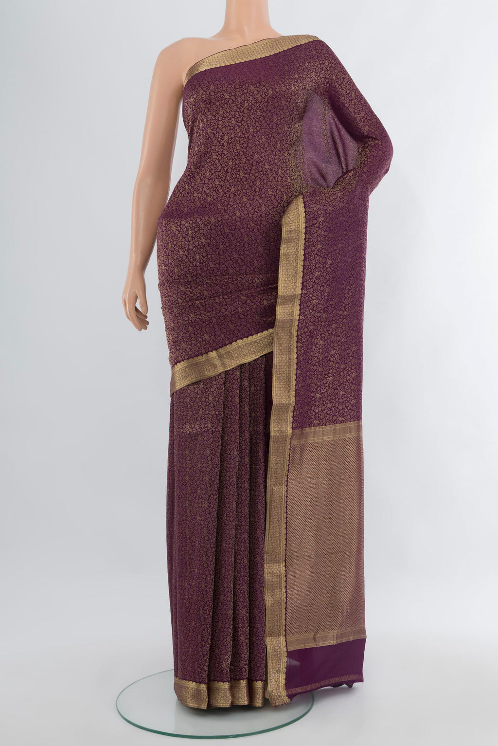 Violet Mysore Crepe Saree with Zari Brocade on the body and Zari Border.  displayed on a mannequin