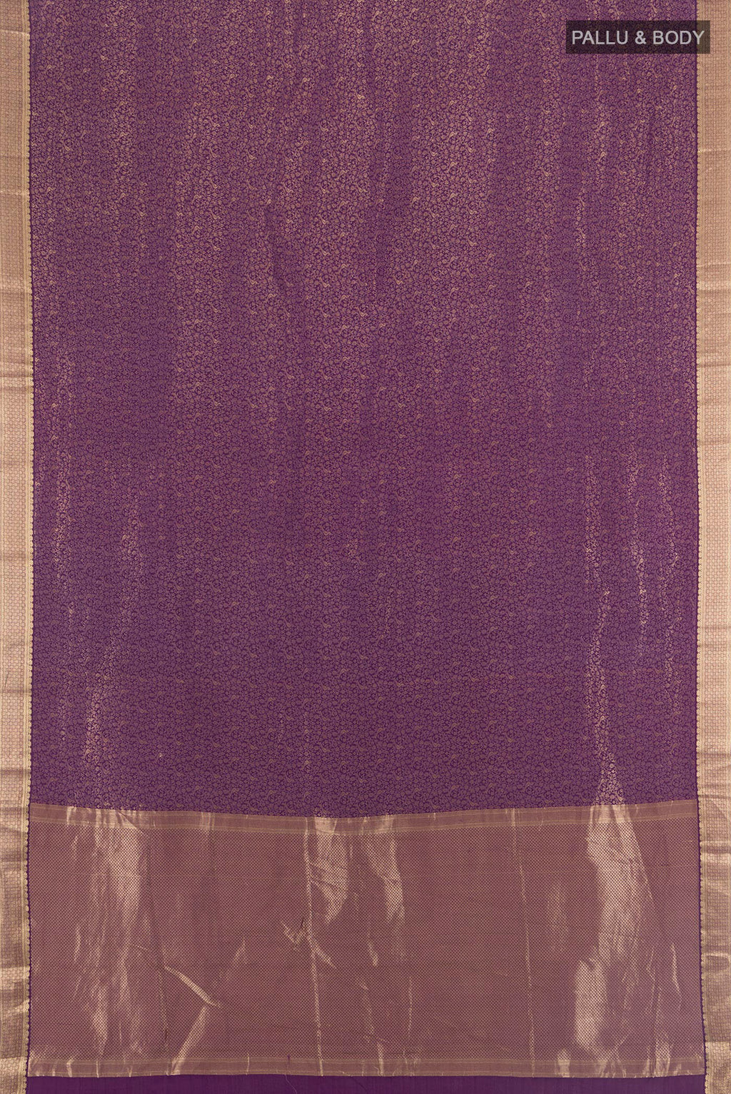 Flat view of Violet Mysore Crepe Saree with Zari Brocade on the body and Zari Border. 