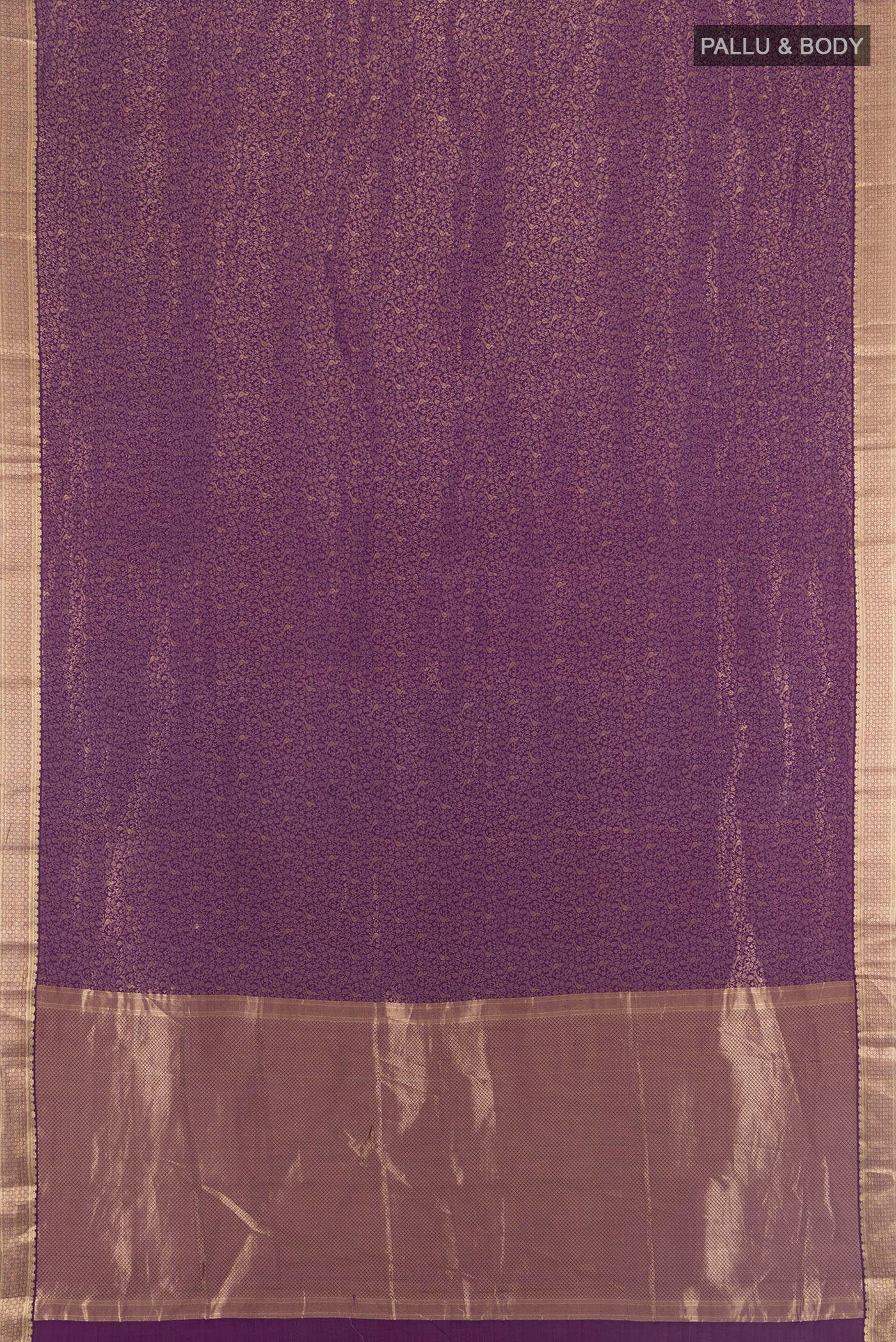 Flat view of Violet Mysore Crepe Saree with Zari Brocade on the body and Zari Border. 