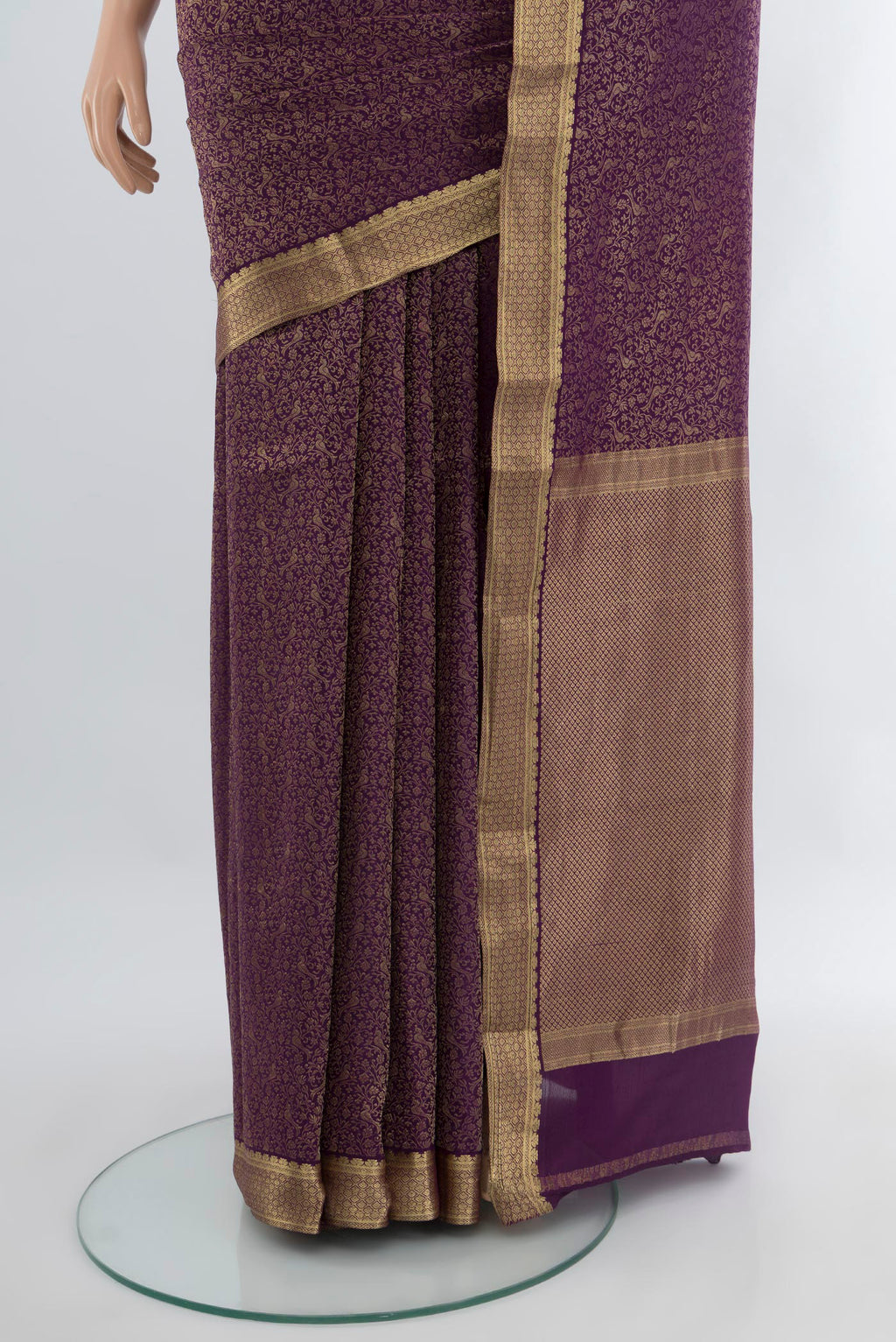 Pleats and pallu of Violet Mysore Crepe Saree with Zari Brocade on the body and Zari Border. 