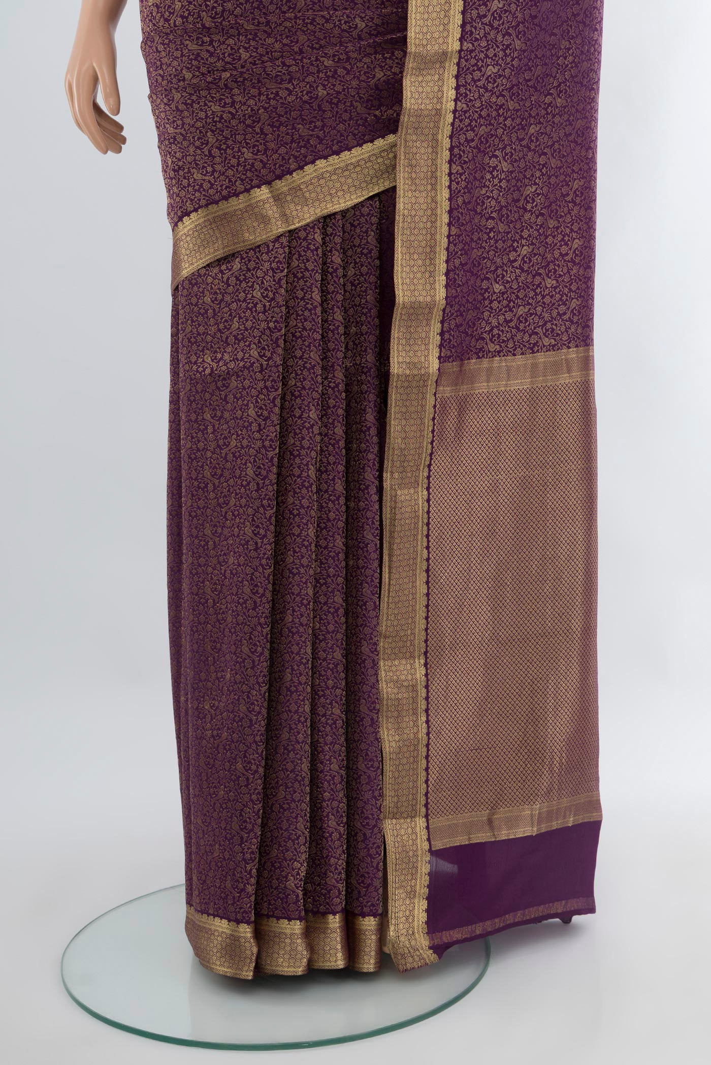 Pleats and pallu of Violet Mysore Crepe Saree with Zari Brocade on the body and Zari Border. 