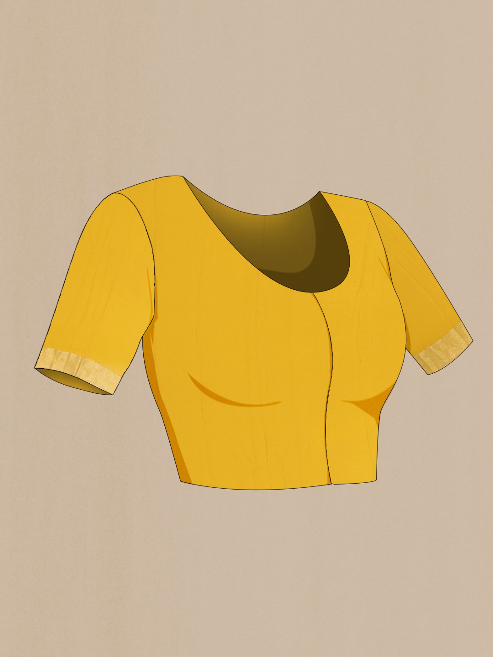 Close up image of the blouse of Yellow Mysore Crepe Saree with Zari Brocade on the body and Zari Border. 
