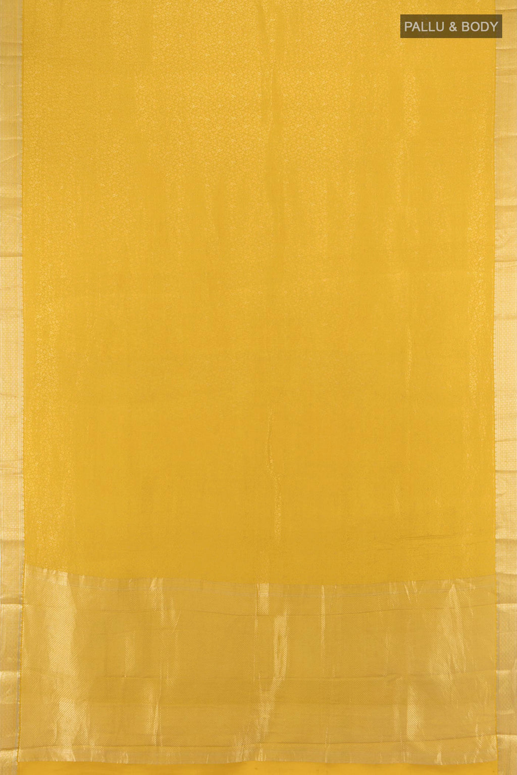 Flat view of Yellow Mysore Crepe Saree with Zari Brocade on the body and Zari Border. 