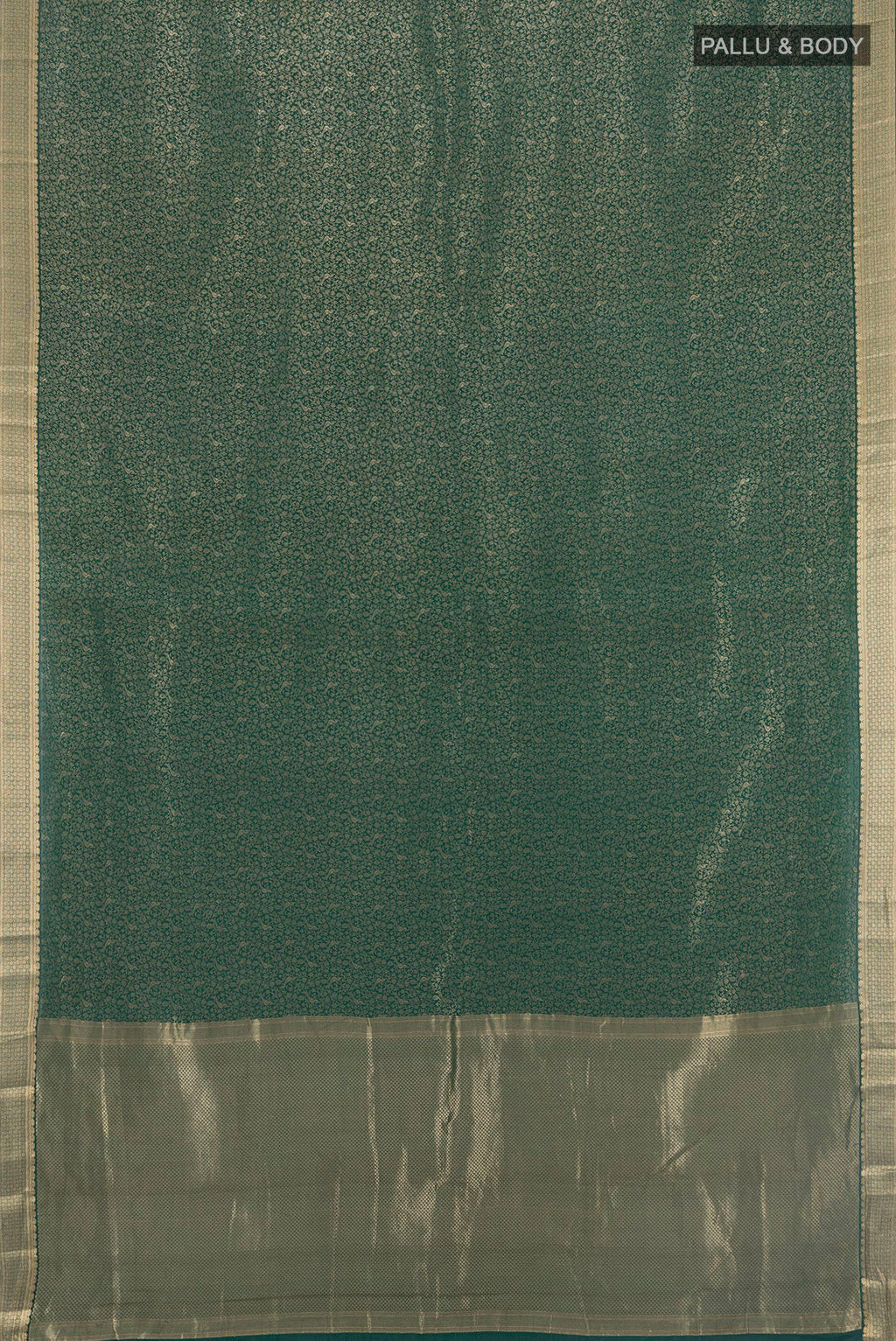 Flat view of Bottle Green Mysore Crepe Saree with Zari Brocade on the body and Zari Border. 