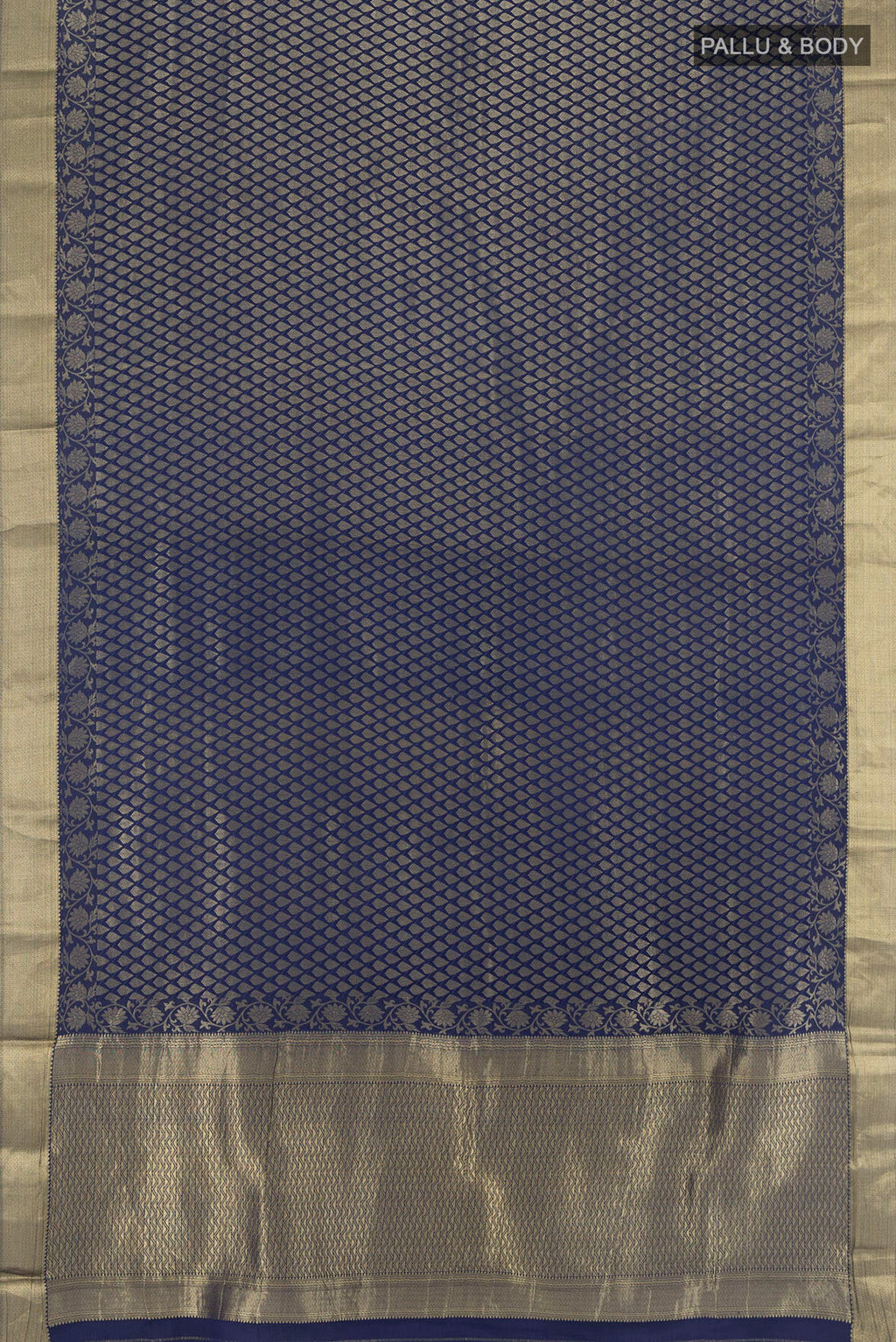 Flat view of Navy Blue Mysore Crepe Saree with Zari Brocade on the body and Zari Border. 