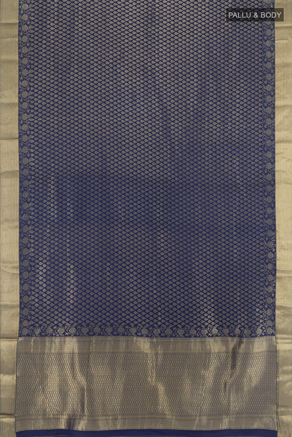 Flat view of Navy Blue Mysore Crepe Saree with Zari Brocade on the body and Zari Border. 