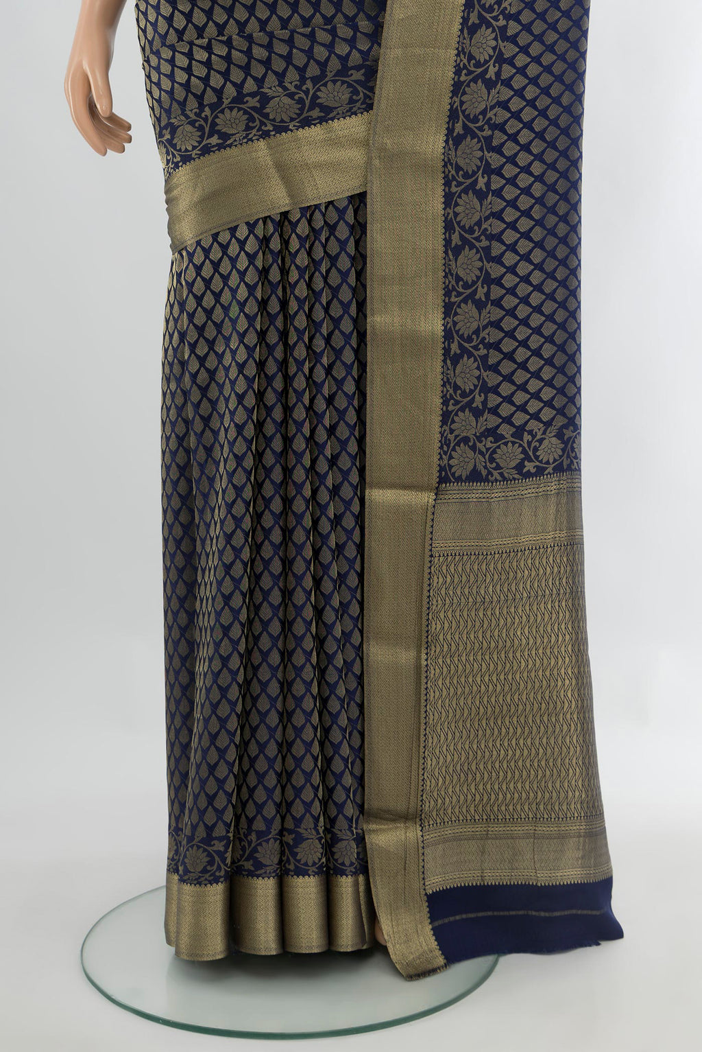 Pleats and pallu of Navy Blue Mysore Crepe Saree with Zari Brocade on the body and Zari Border. 