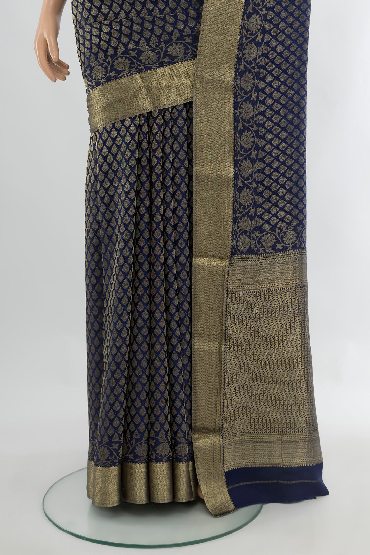 Pleats and pallu of Navy Blue Mysore Crepe Saree with Zari Brocade on the body and Zari Border. 