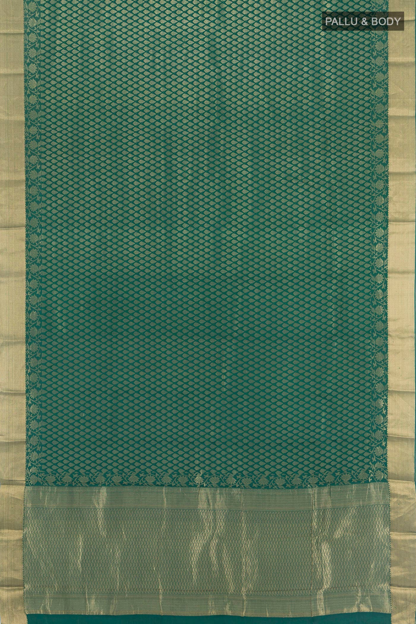 Flat view of Bottle Green Mysore Crepe Saree with Zari Brocade on the body and Zari Border. 