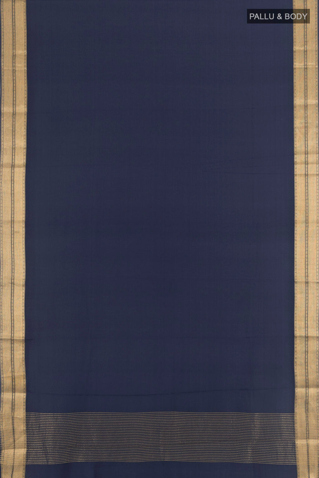 Flat view of Navy Blue Mysore Crepe Saree with Plain Body and Zari Border. 