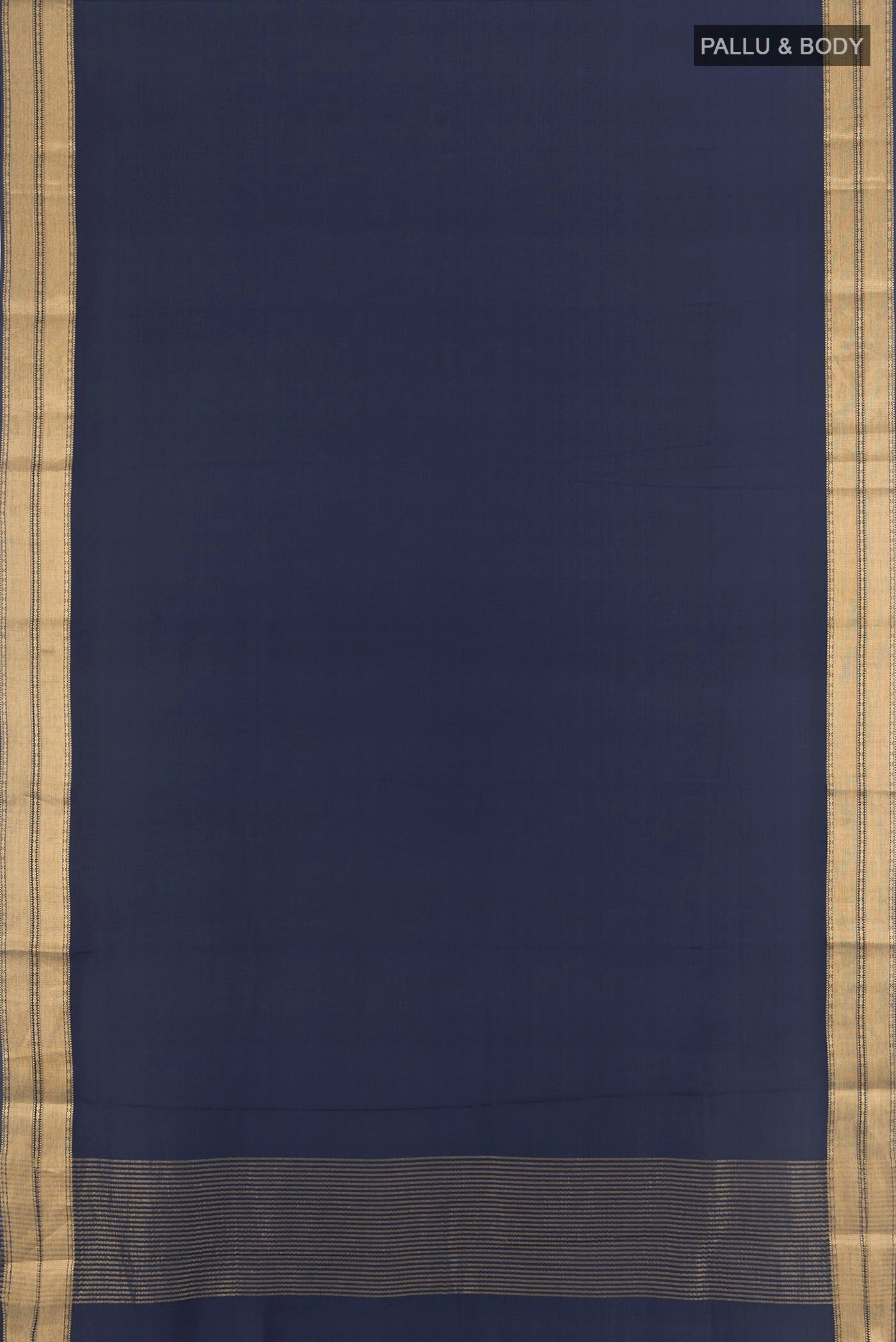 Flat view of Navy Blue Mysore Crepe Saree with Plain Body and Zari Border. 