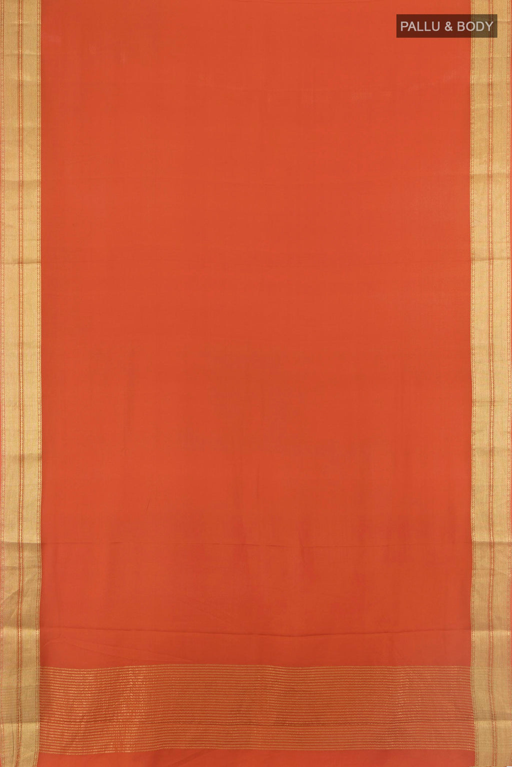 Flat view of Orange Mysore Crepe Saree with Plain Body and Zari Border. 