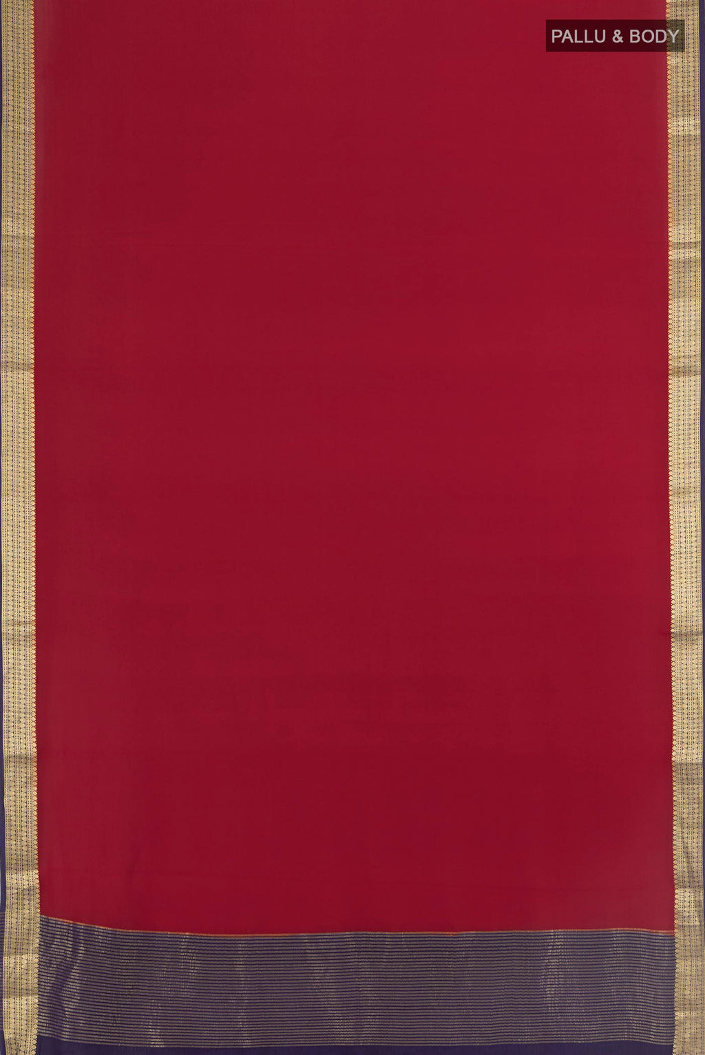 Flat view of Red Mysore Crepe Saree with Plain Body and Zari Border. 
