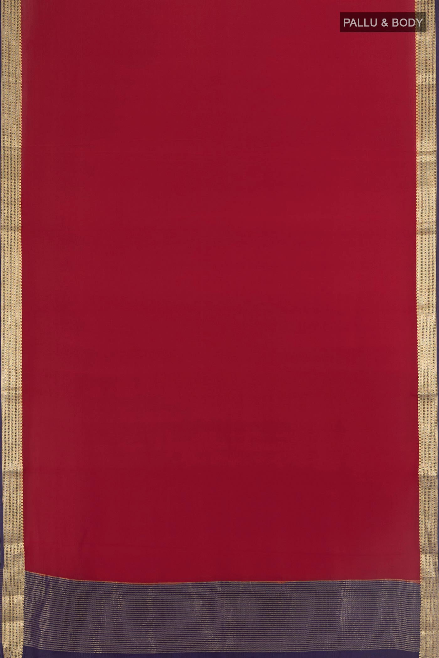Flat view of Red Mysore Crepe Saree with Plain Body and Zari Border. 