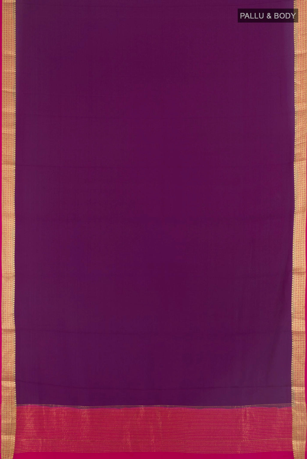 Flat view of Violet Mysore Crepe Saree with Plain Body and Zari Border. 