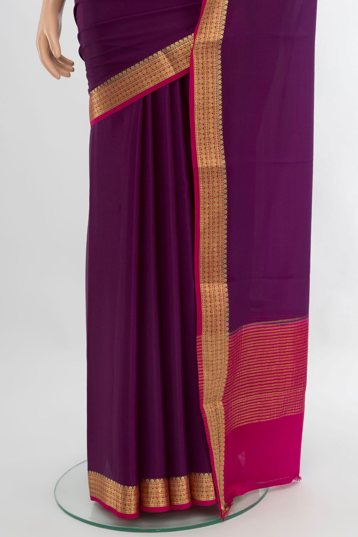 Pleats and pallu of Violet Mysore Crepe Saree with Plain Body and Zari Border. 