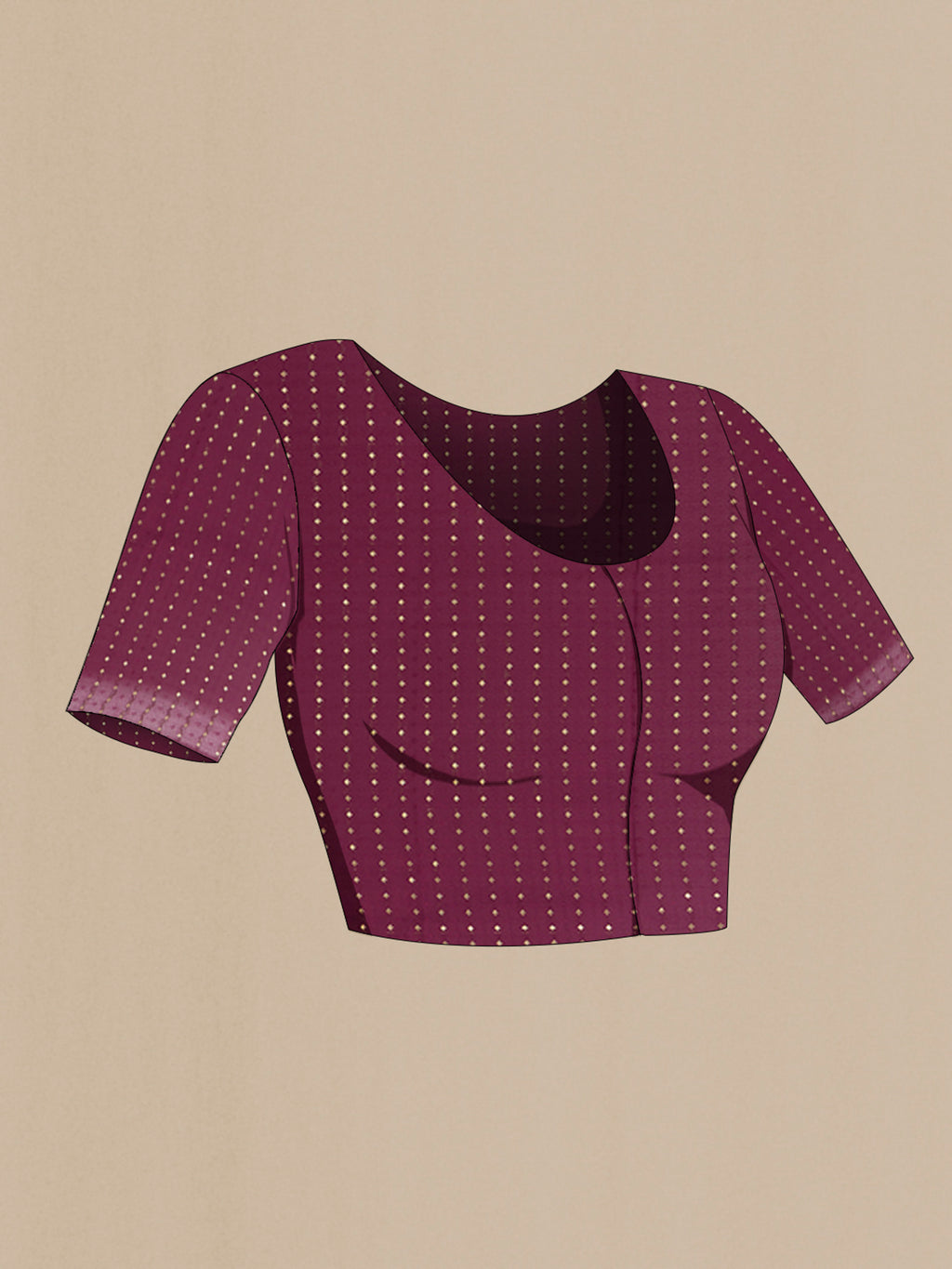Close up image of the blouse of Dark Pink Mysore Crepe Saree with Plain Body and Zari Border. 