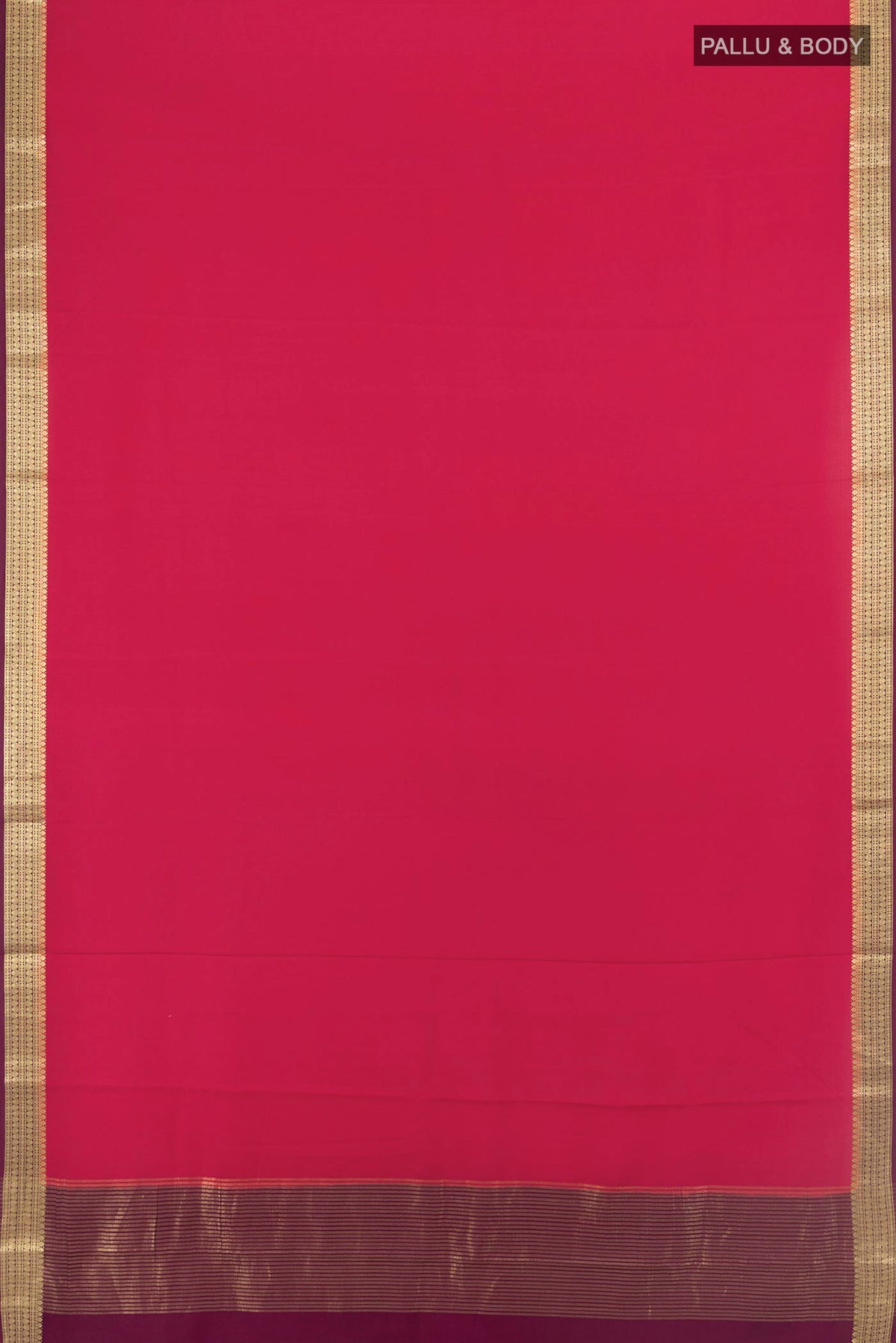 Flat view of Dark Pink Mysore Crepe Saree with Plain Body and Zari Border. 
