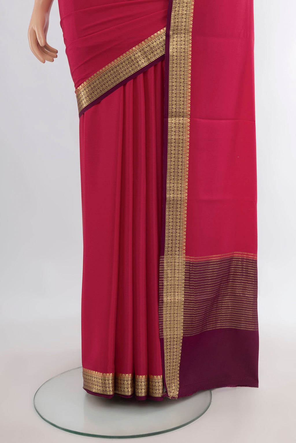 Pleats and pallu of Dark Pink Mysore Crepe Saree with Plain Body and Zari Border. 