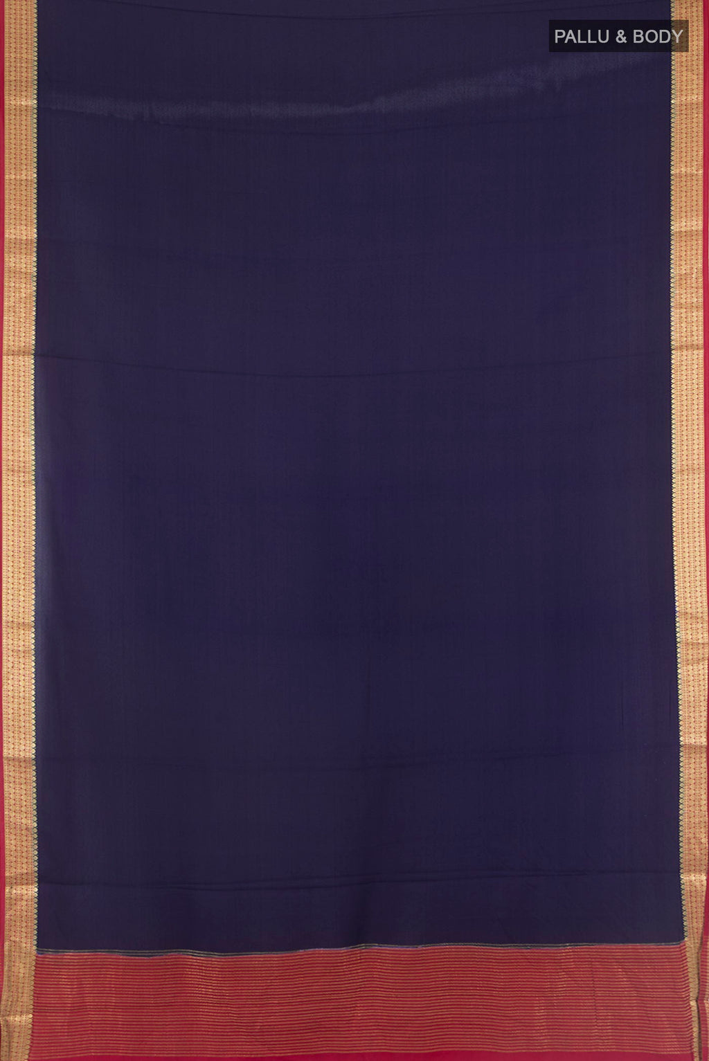Flat view of Navy Blue Mysore Crepe Saree with Plain Body and Zari Border. 