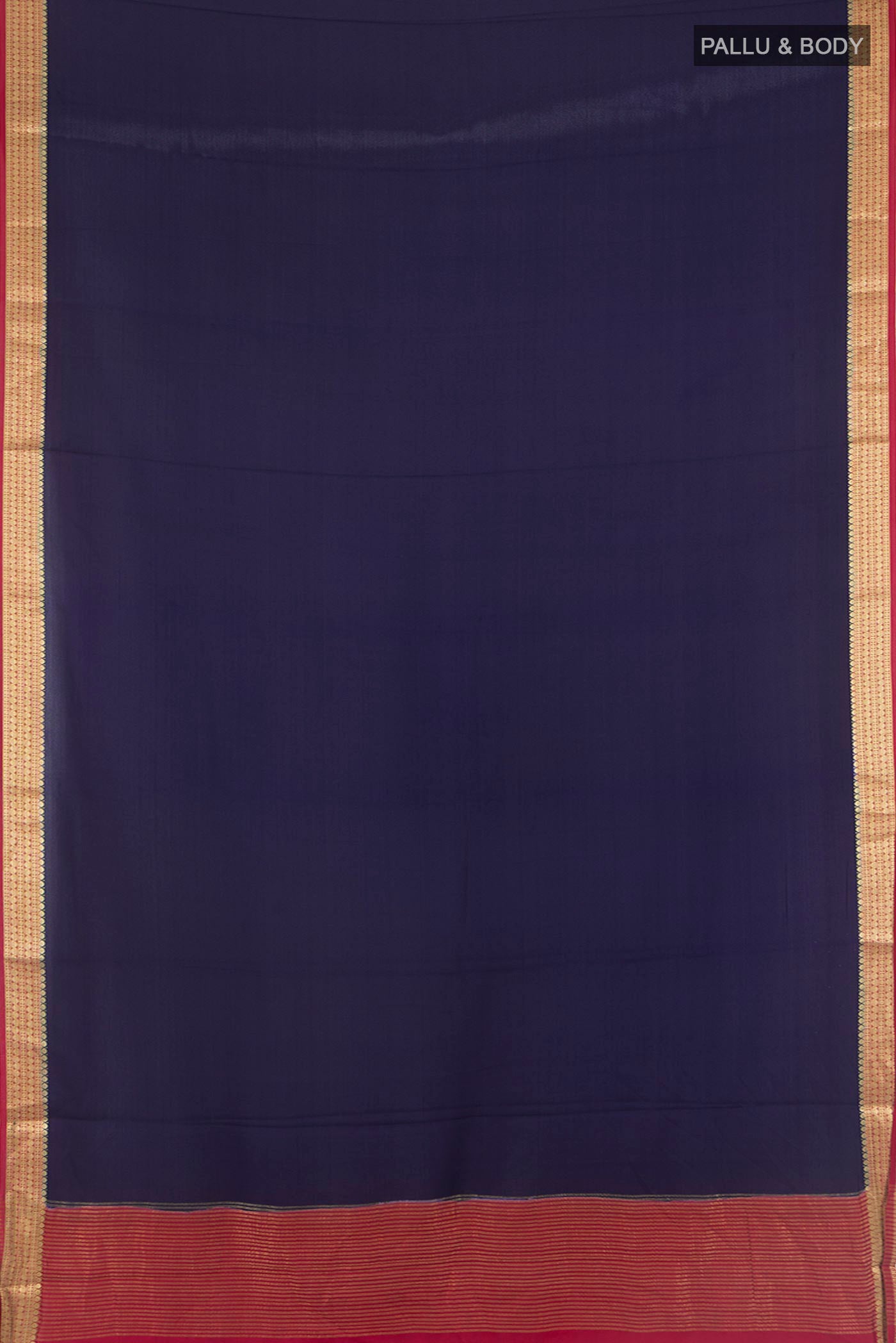 Flat view of Navy Blue Mysore Crepe Saree with Plain Body and Zari Border. 