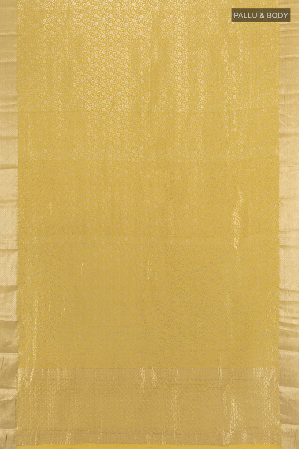 Flat view of Yellow Mysore Crepe Saree with Zari Brocade on the body and Zari Border. 