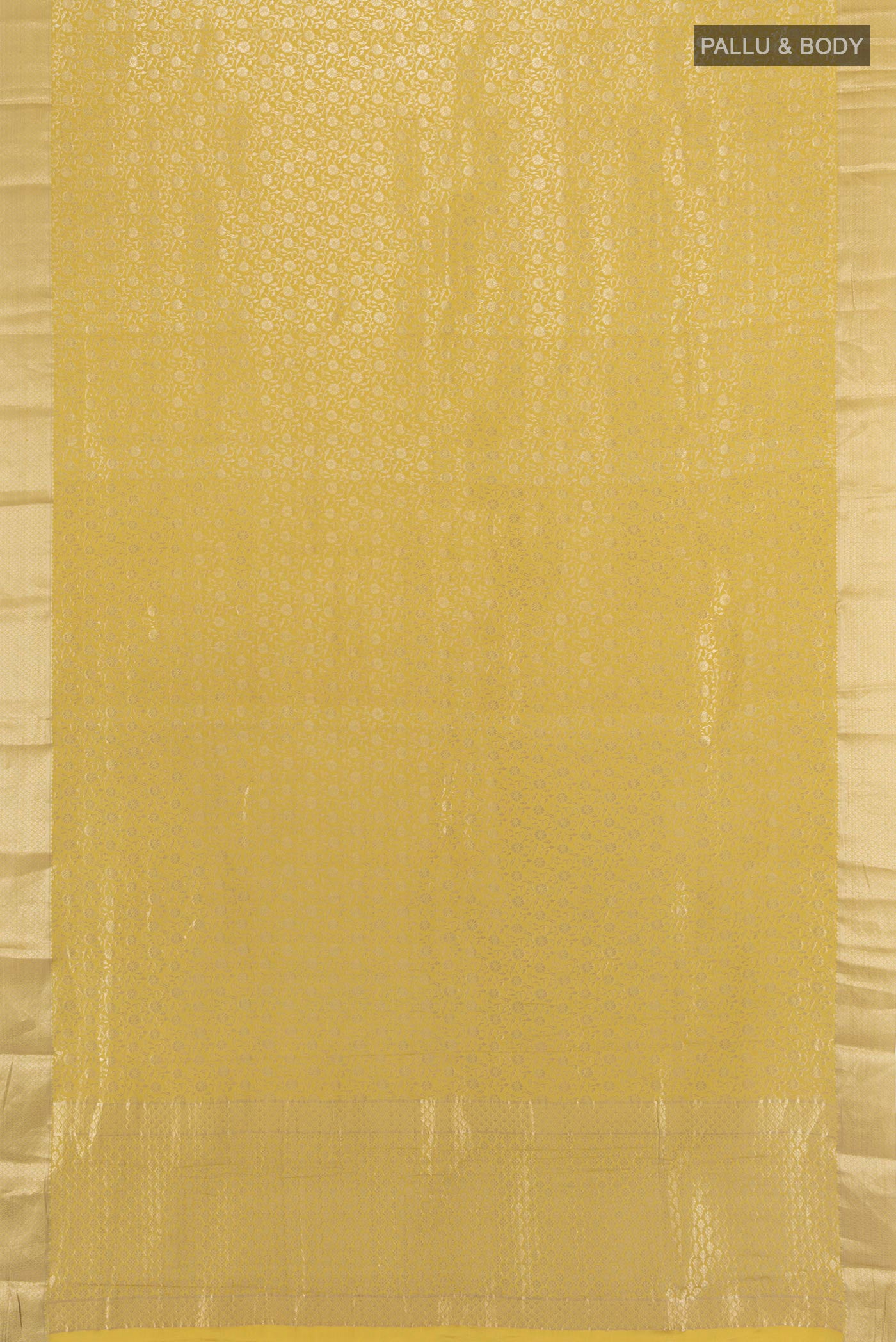 Flat view of Yellow Mysore Crepe Saree with Zari Brocade on the body and Zari Border. 