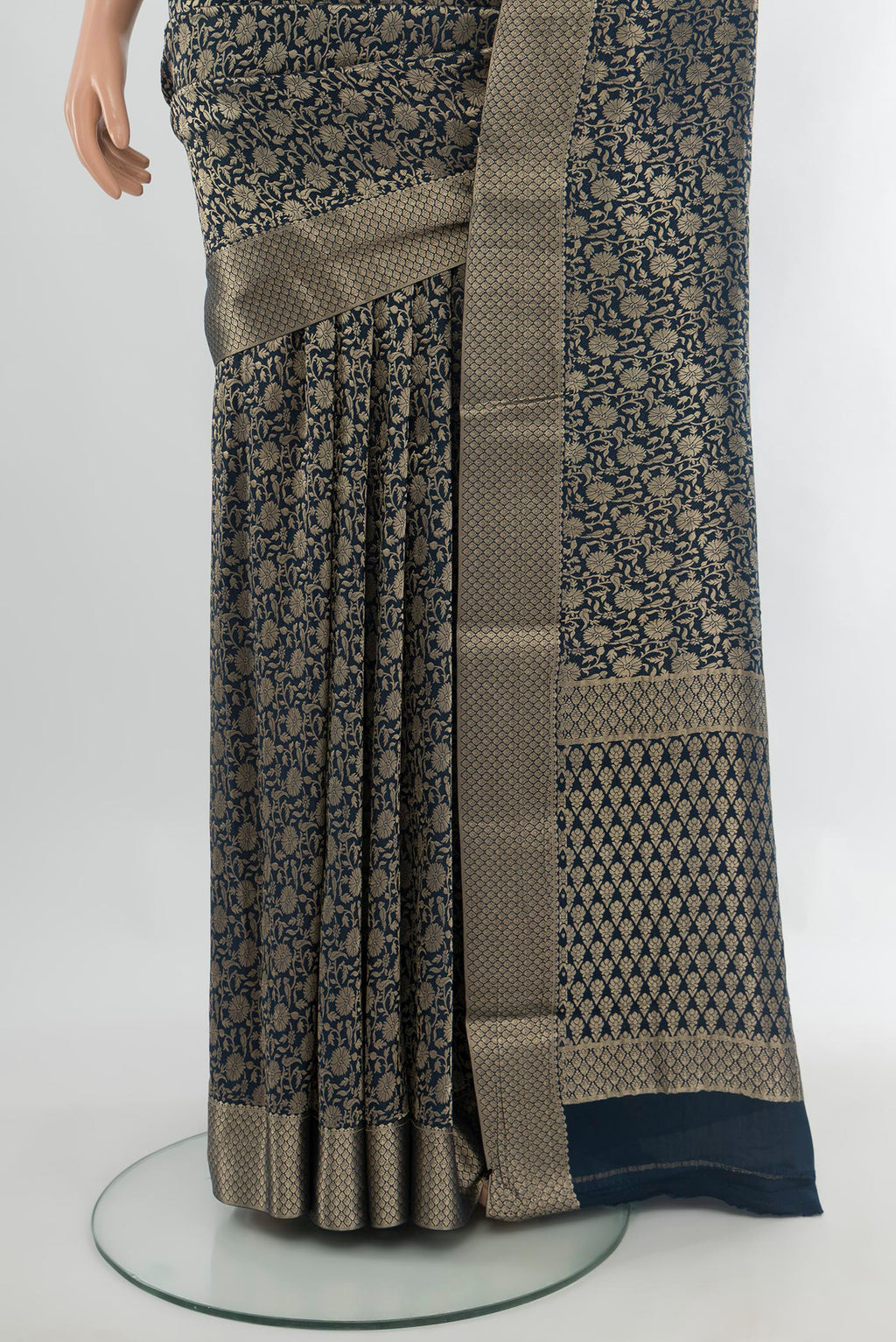Pleats and pallu of Navy Blue Mysore Crepe Saree with Zari Brocade on the body and Zari Border. 