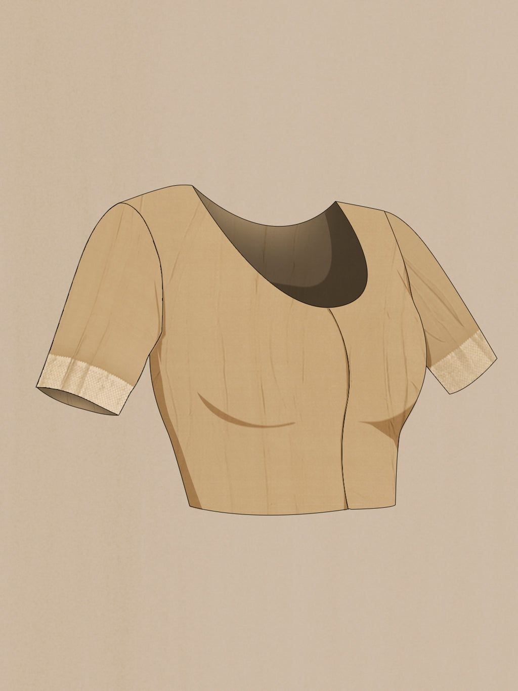 Close up image of the blouse of Dark Beige Mysore Crepe Saree with Zari Brocade on the body and Zari Border. 