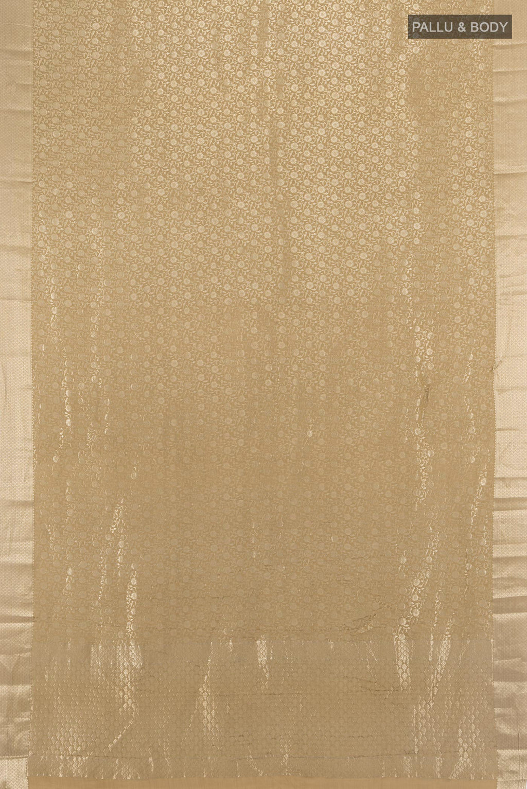 Flat view of Dark Beige Mysore Crepe Saree with Zari Brocade on the body and Zari Border. 
