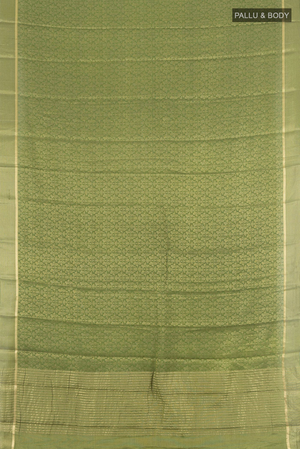 Flat view of Mehandi Green Mysore Crepe Saree with Zari Brocade on the body and Zari Border. 