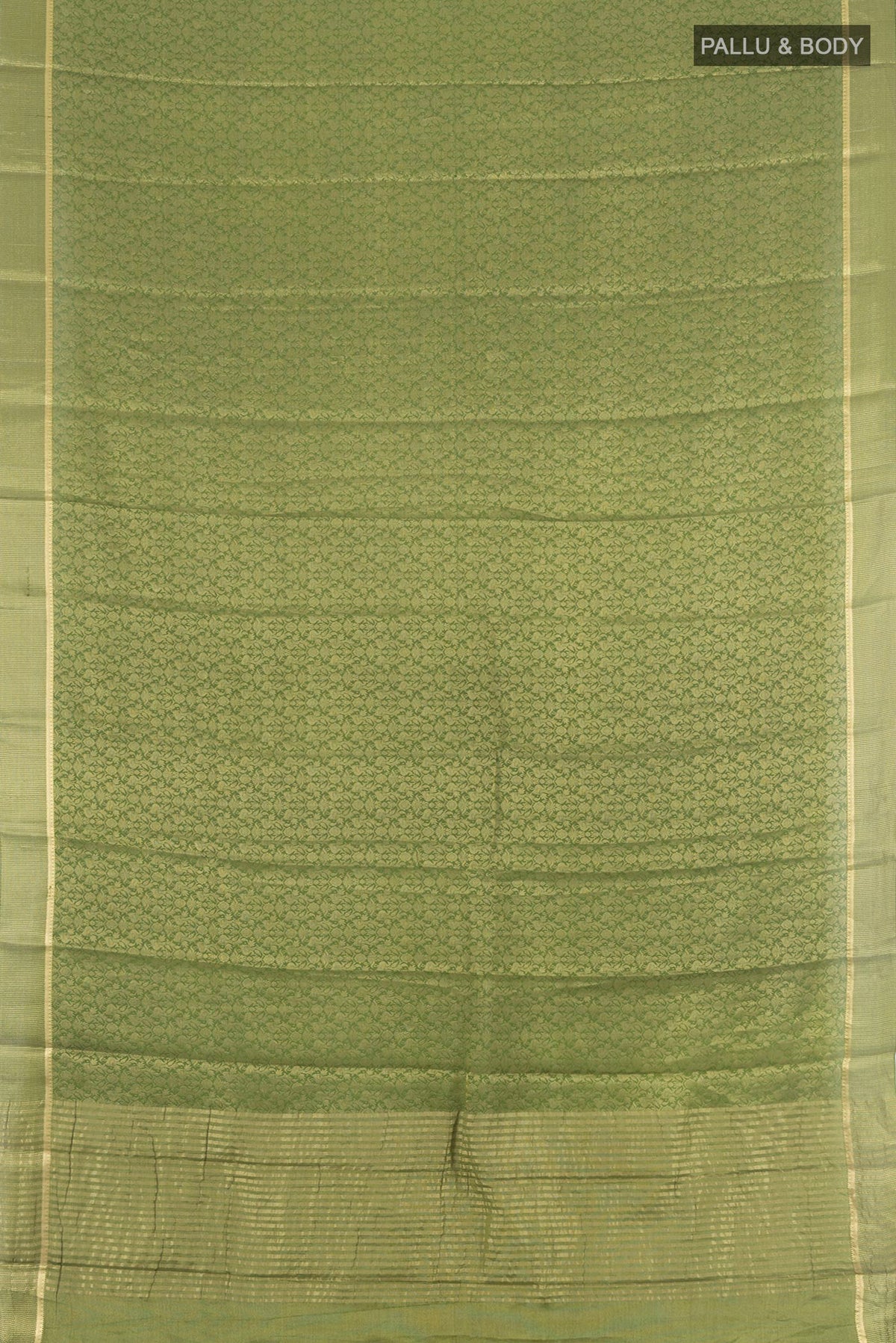 Flat view of Mehandi Green Mysore Crepe Saree with Zari Brocade on the body and Zari Border. 