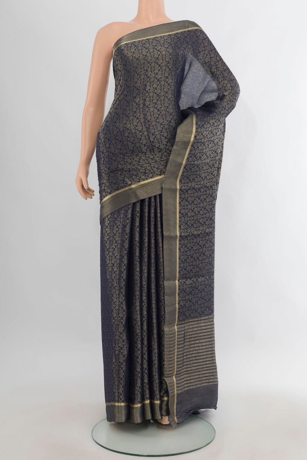 Navy Blue Mysore Crepe Saree with Zari Brocade on the body and Plain Border.  displayed on a mannequin