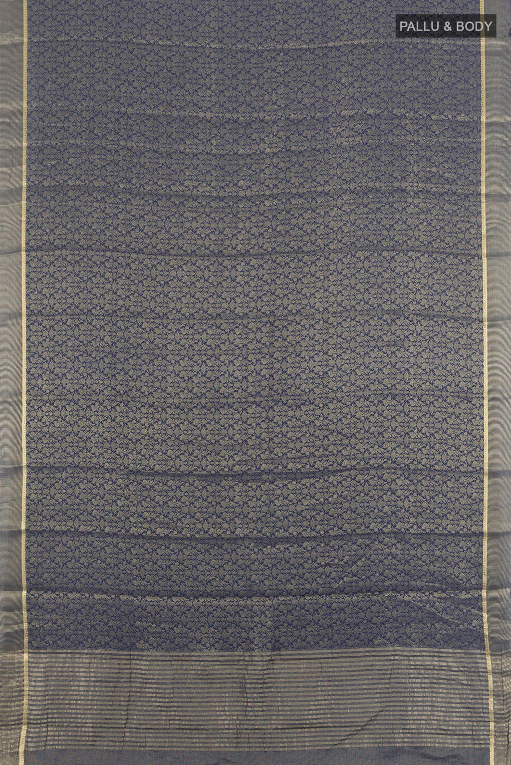 Flat view of Navy Blue Mysore Crepe Saree with Zari Brocade on the body and Plain Border. 