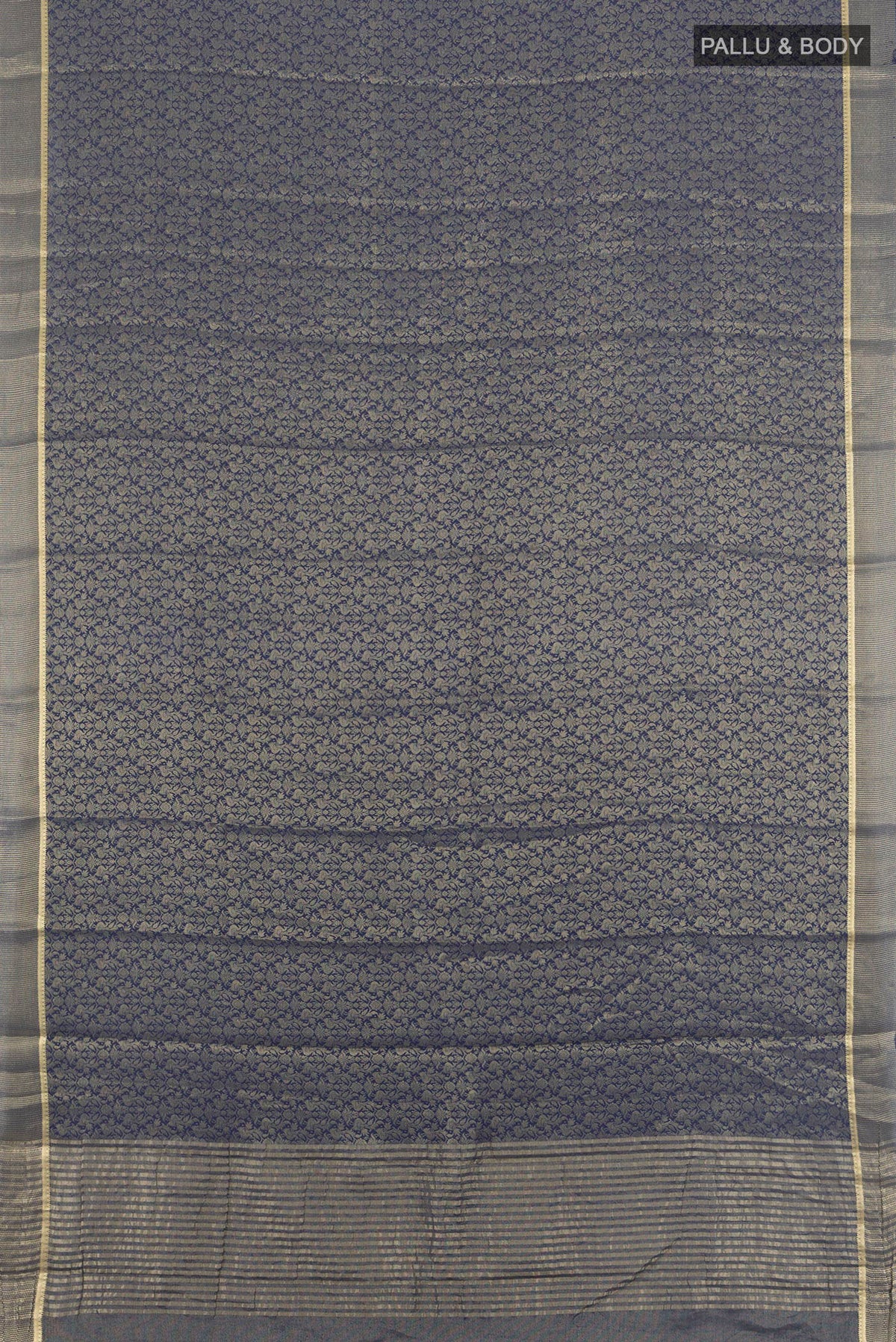 Flat view of Navy Blue Mysore Crepe Saree with Zari Brocade on the body and Plain Border. 