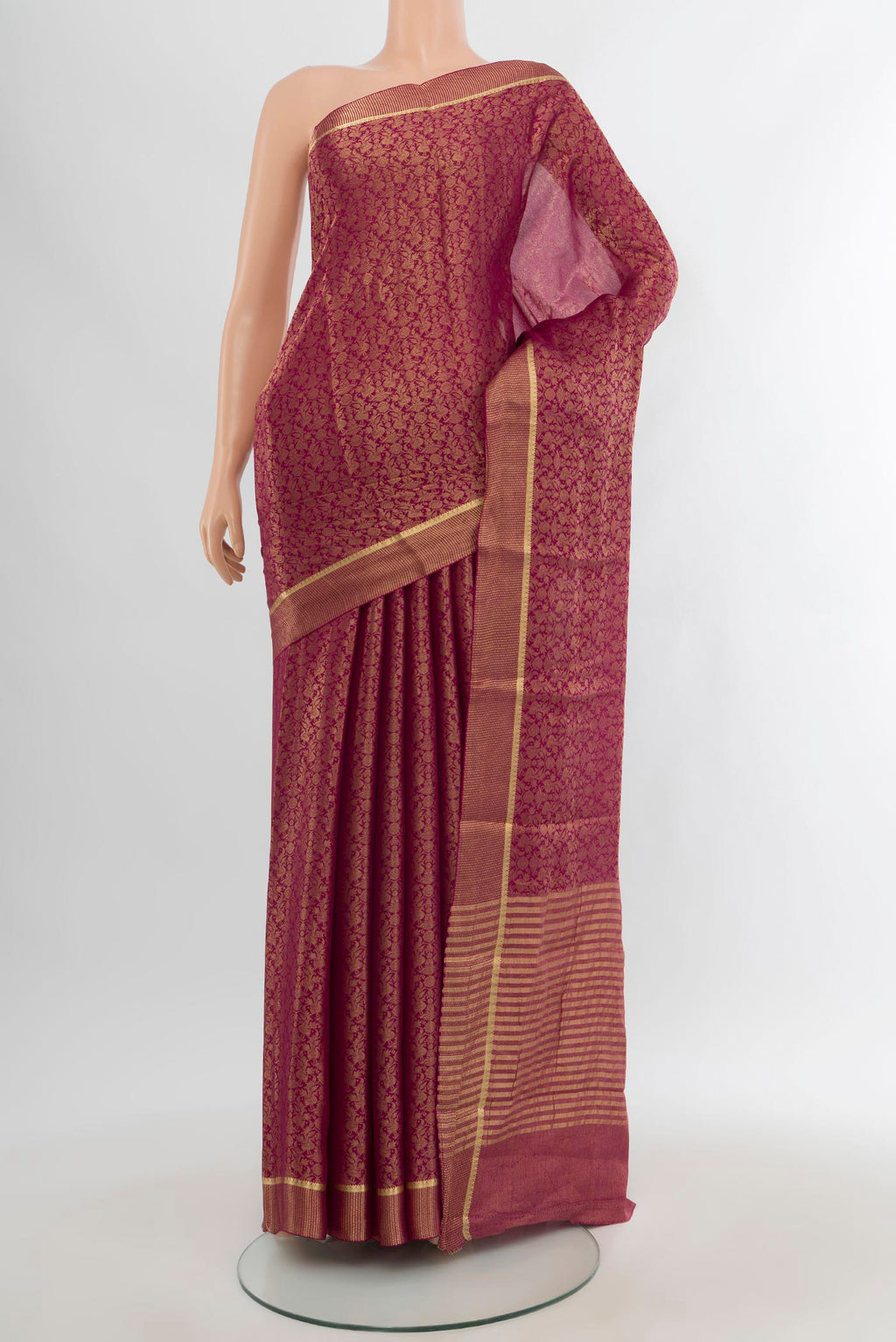 Magenta Mysore Crepe Saree with Zari Brocade on the body and Zari Border.  displayed on a mannequin