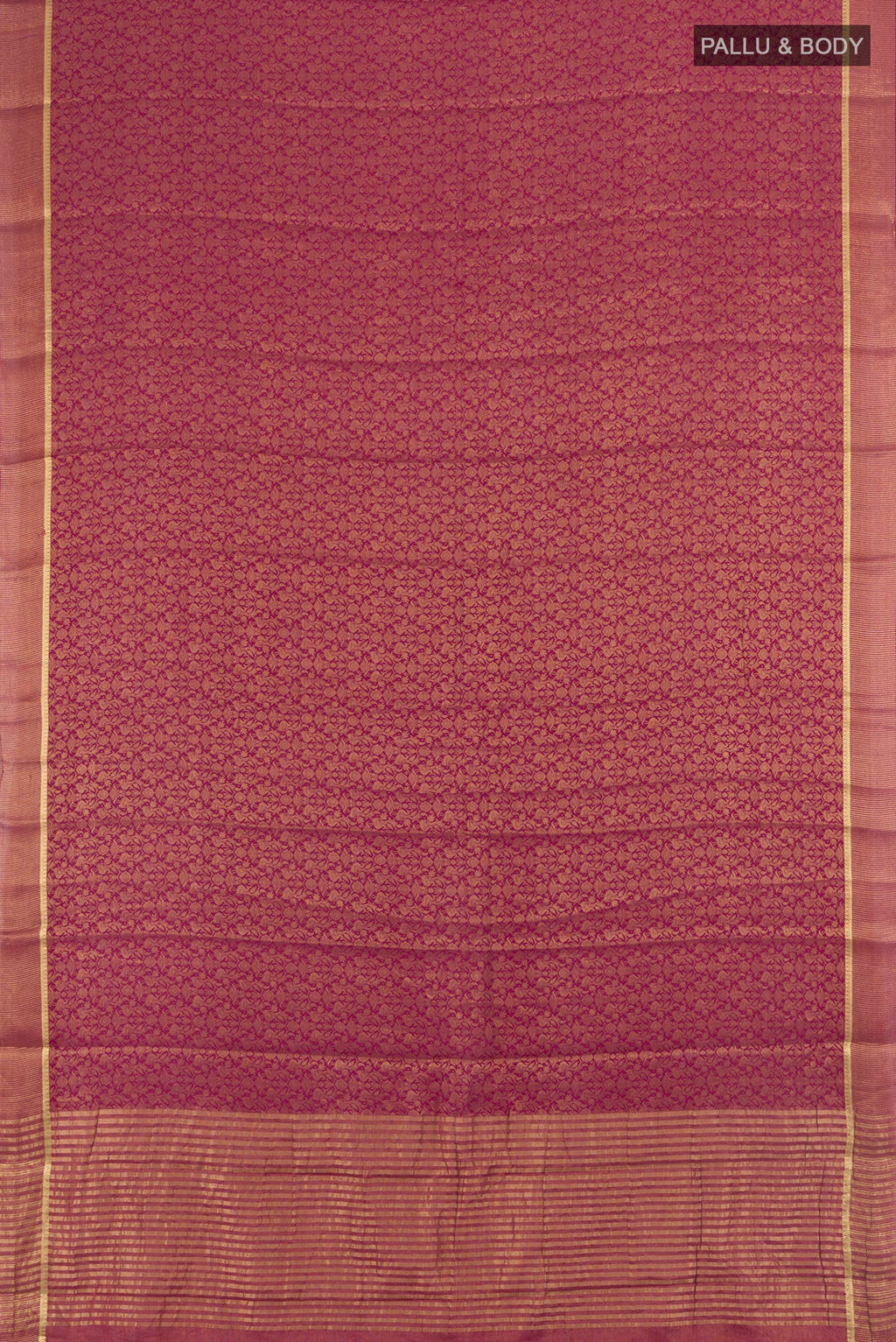 Flat view of Magenta Mysore Crepe Saree with Zari Brocade on the body and Zari Border. 