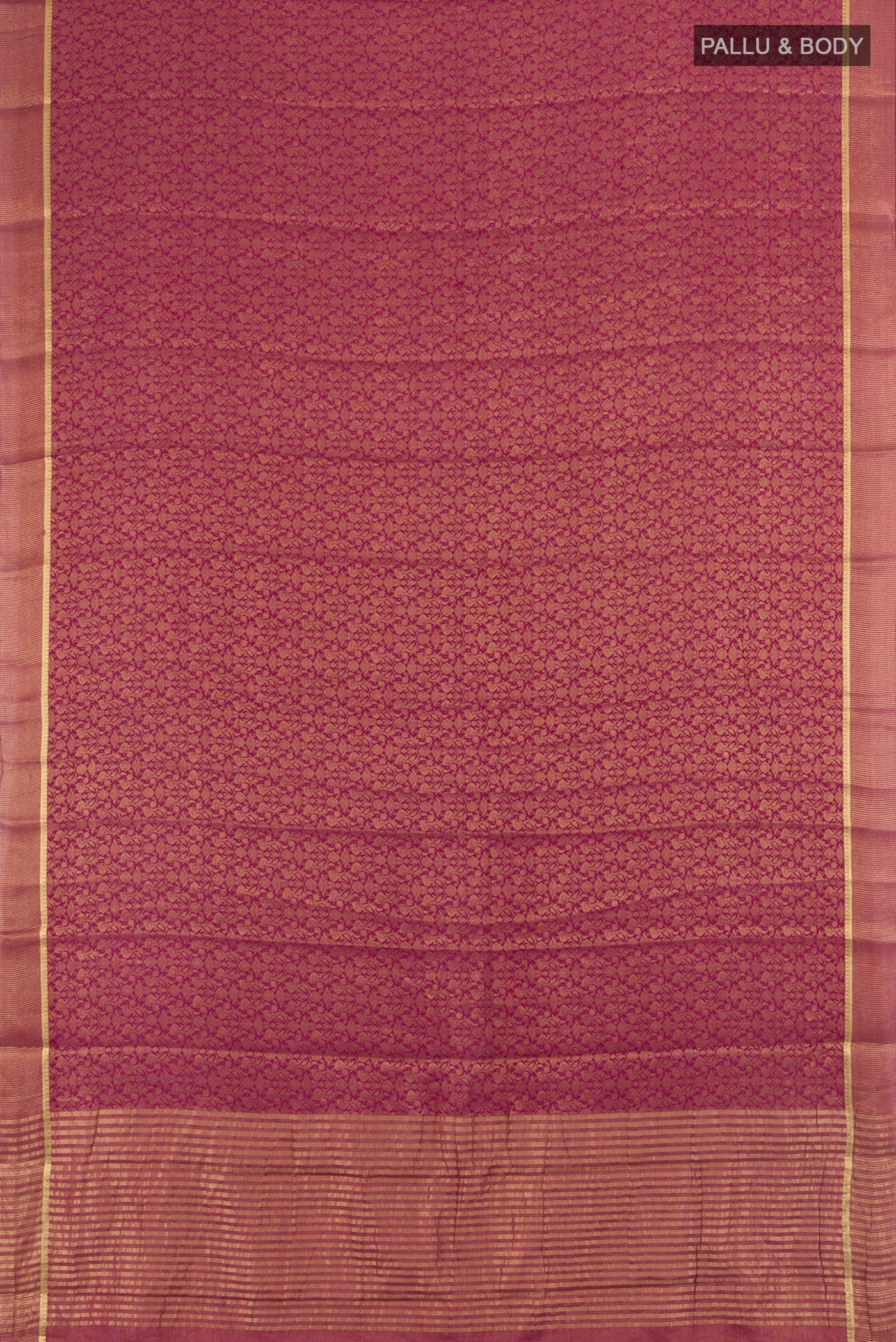 Flat view of Magenta Mysore Crepe Saree with Zari Brocade on the body and Zari Border. 