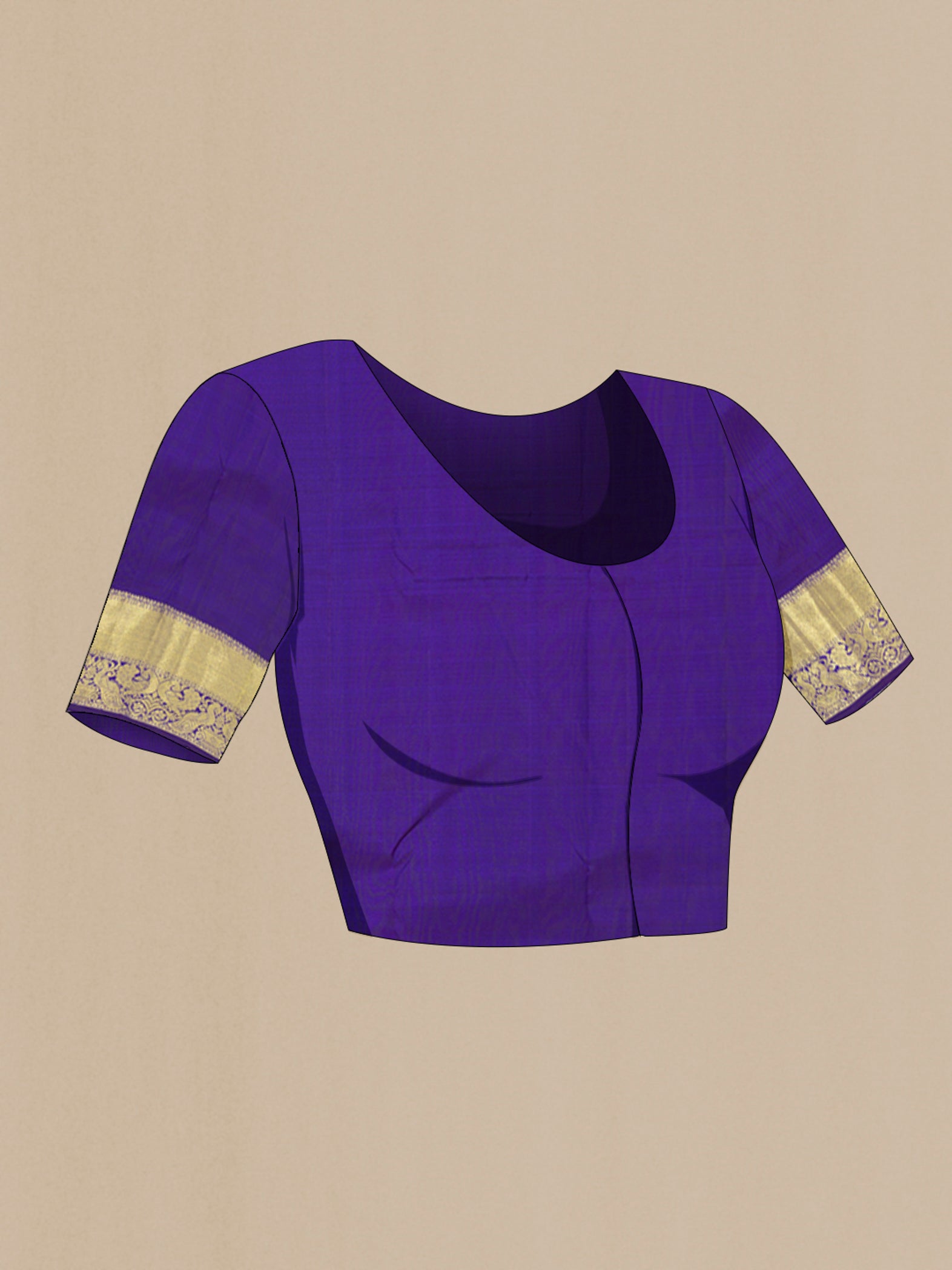 Close up image of the blouse of Violet Kanchipuram Silk Saree with Zari Butta on the body and Zari Border. 
