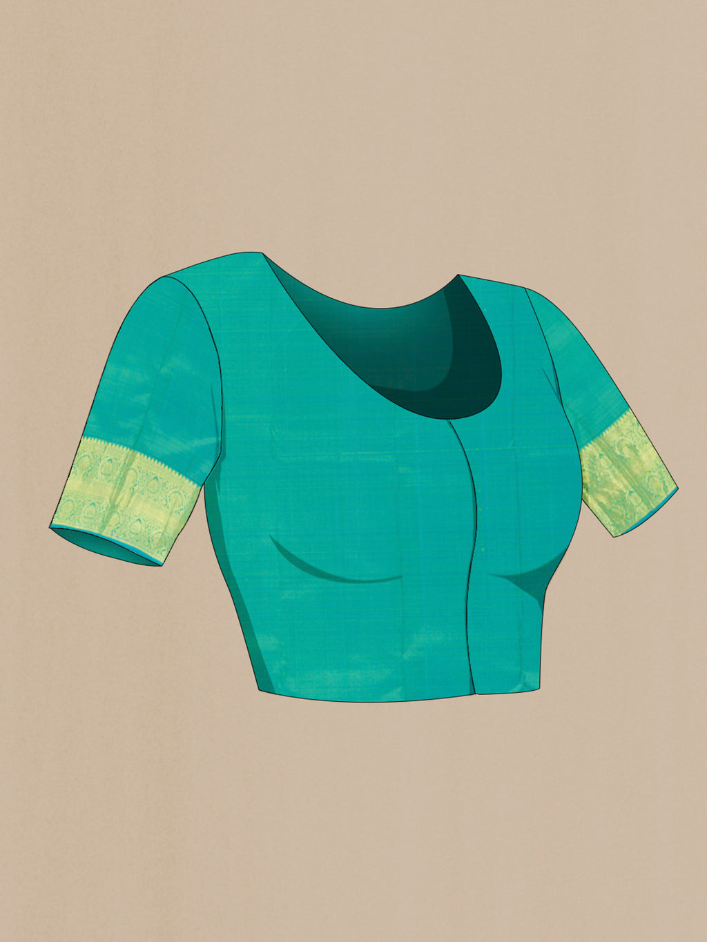 Close up image of the blouse of Parrot Green Kanchipuram Silk Saree with Zari Butta on the body and Zari Border. 