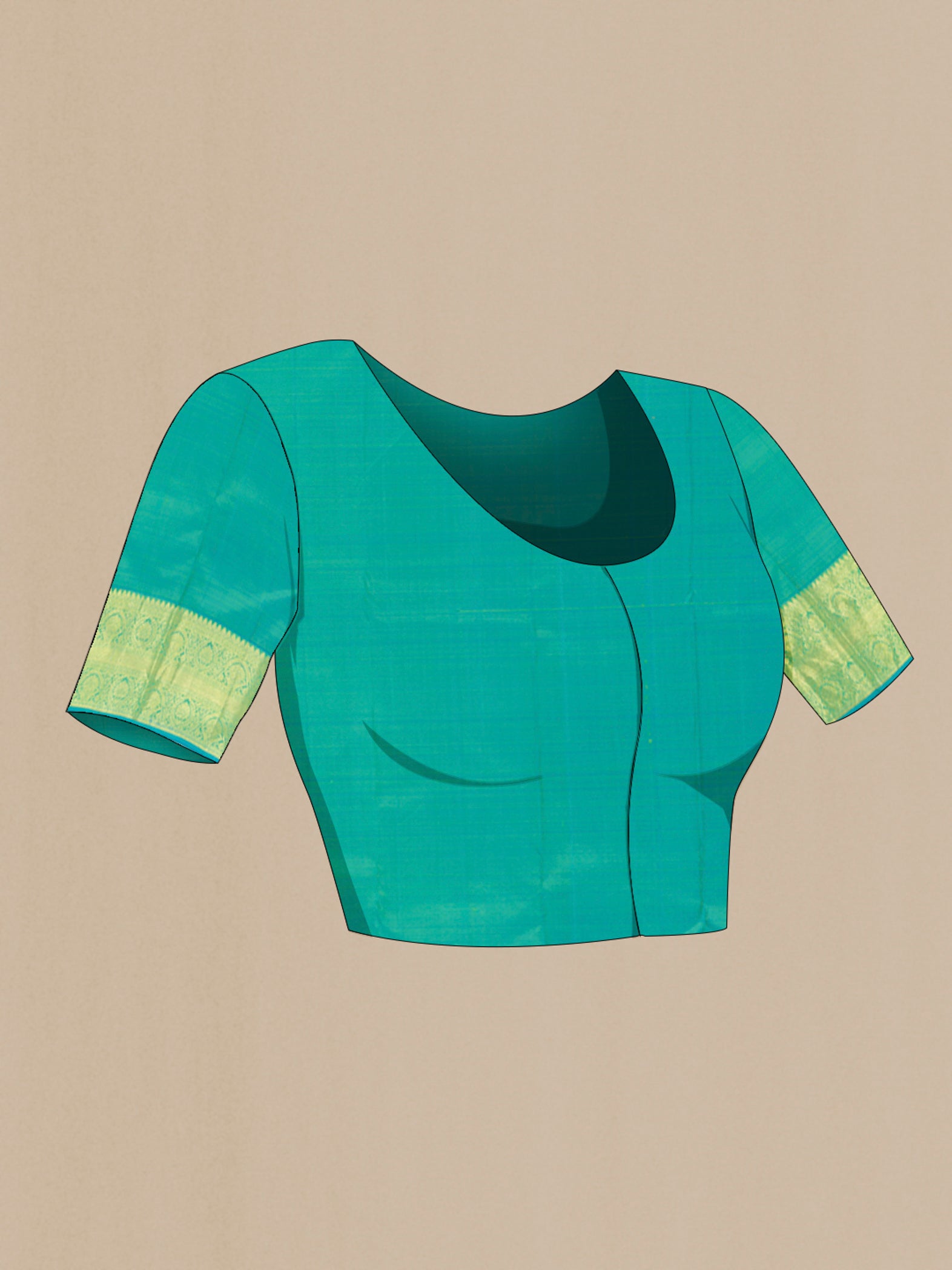 Close up image of the blouse of Parrot Green Kanchipuram Silk Saree with Zari Butta on the body and Zari Border. 