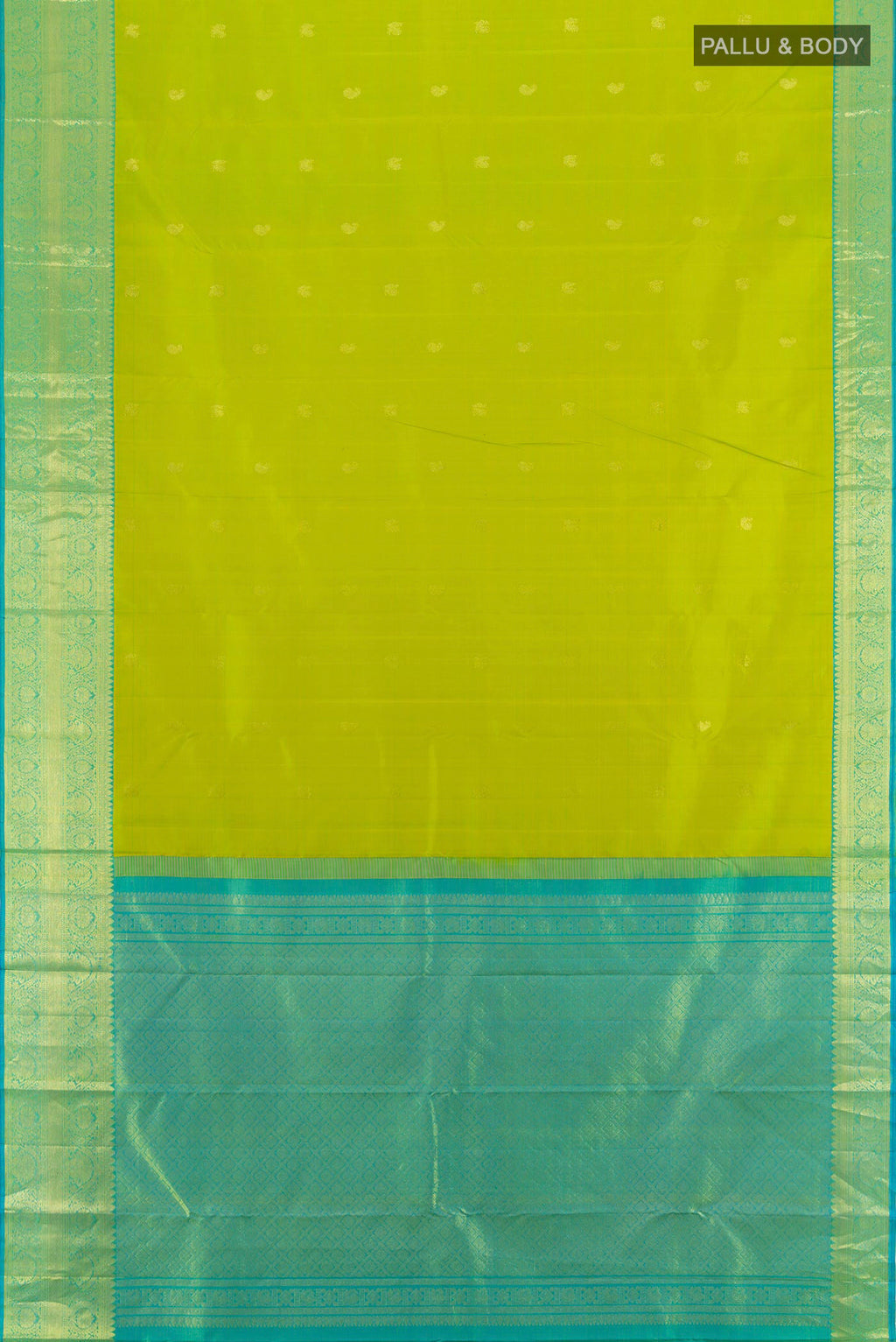 Flat view of Parrot Green Kanchipuram Silk Saree with Zari Butta on the body and Zari Border. 