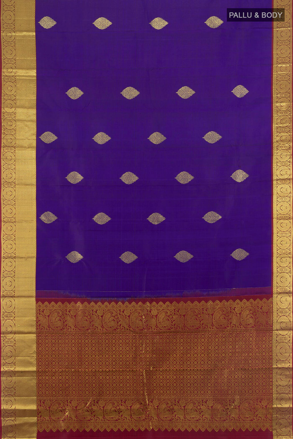 Flat view of Pure Silk Dark Blue Kanchipuram Saree with Zari Butta on the body and Zari Border. 