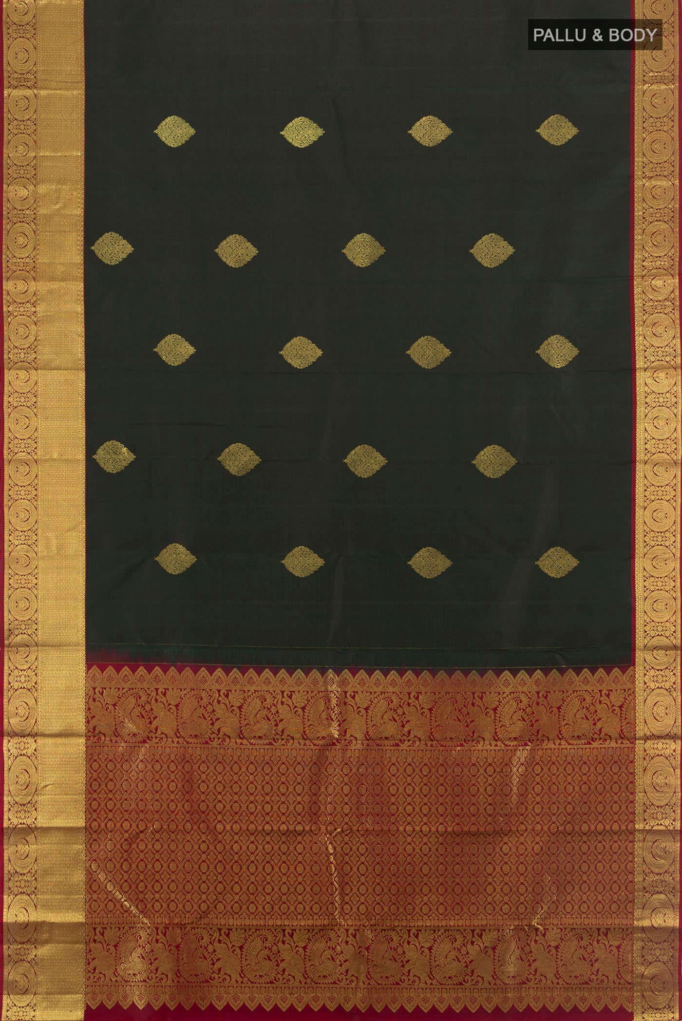 Flat view of Bottle Green Kanchipuram Silk Saree with Zari Butta on the body and Zari Border. 