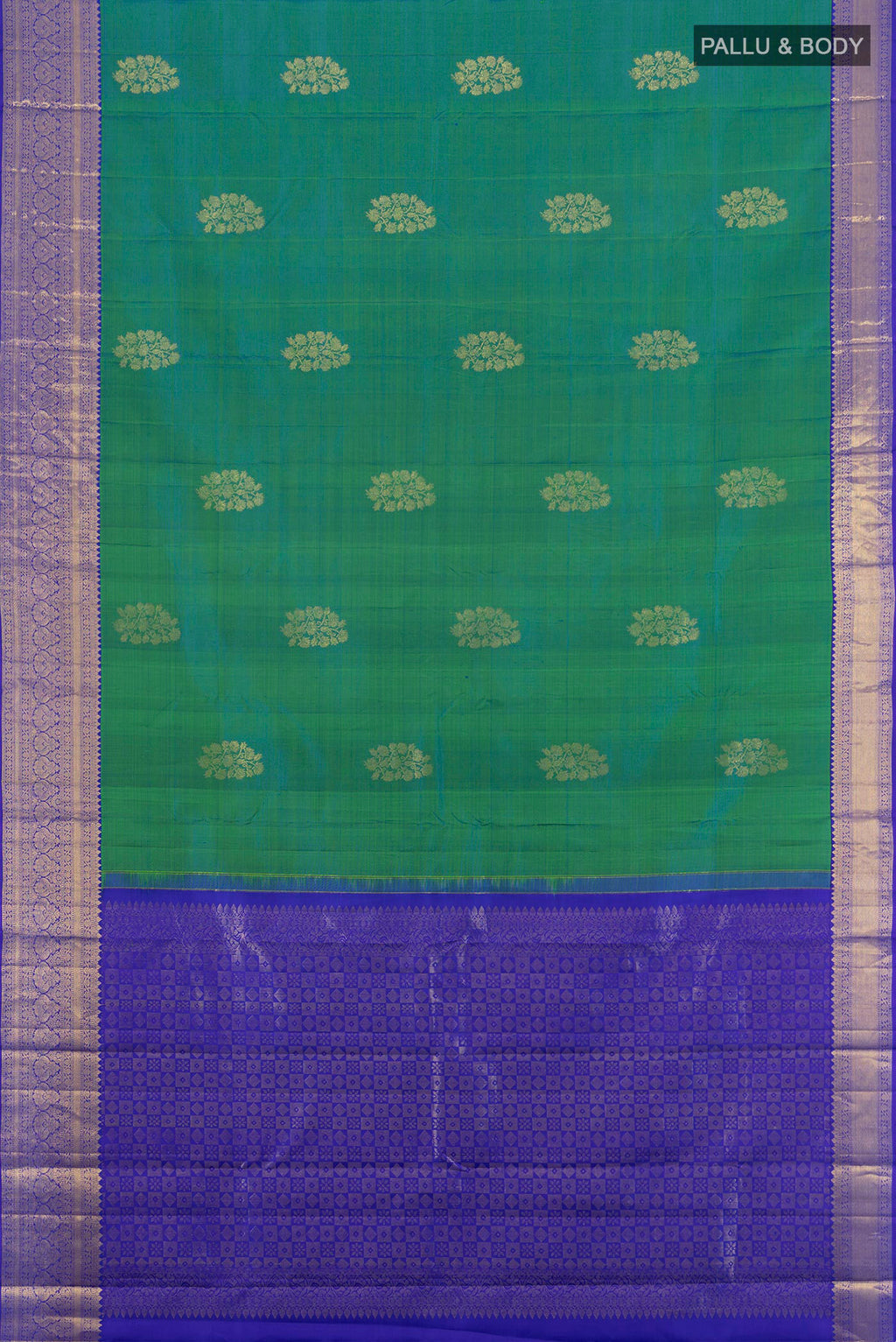 Flat view of Peacock Blue Dual Tone Kanchipuram Silk Saree with Zari Butta on the body and Silk Border. 
