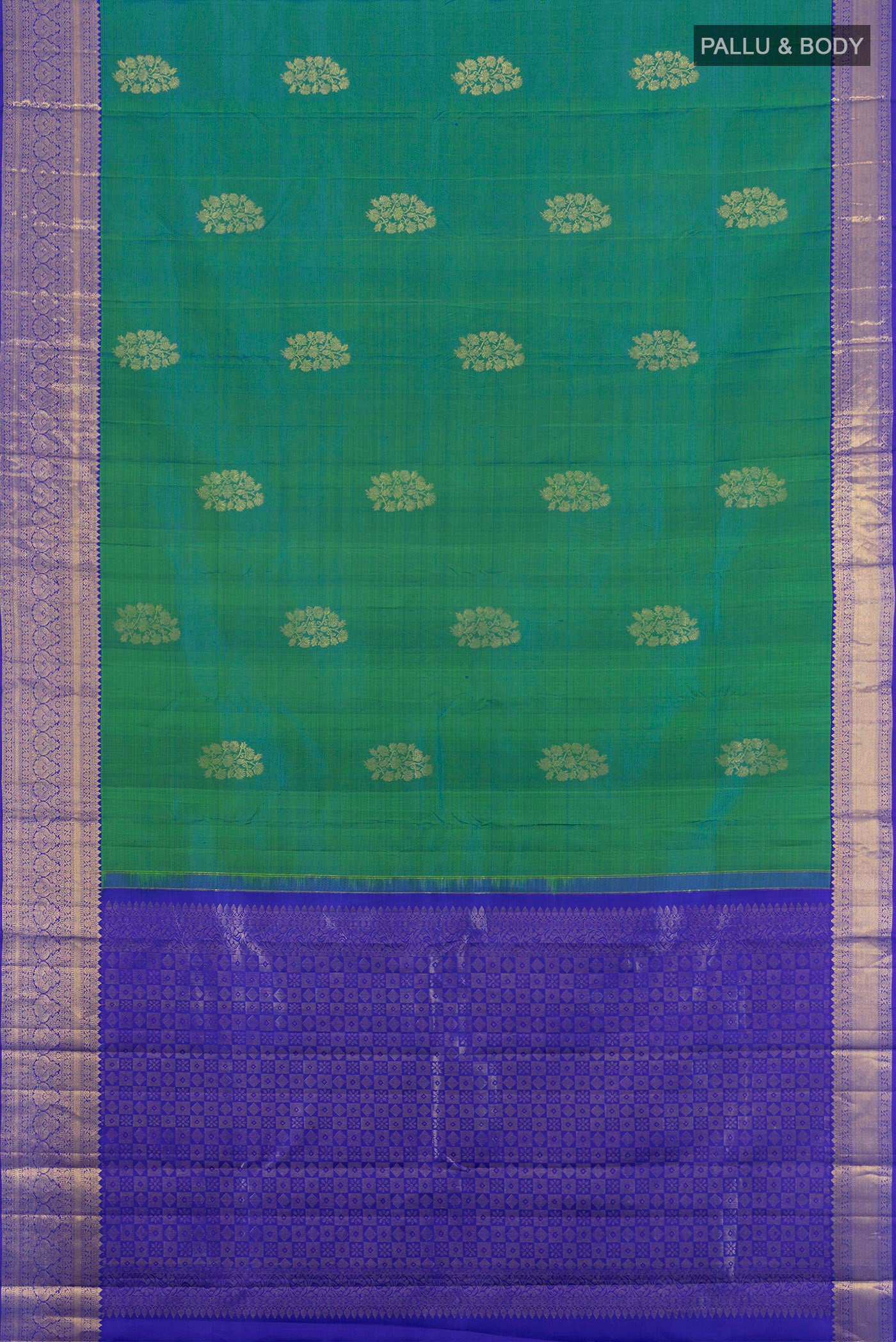 Flat view of Peacock Blue Dual Tone Kanchipuram Silk Saree with Zari Butta on the body and Silk Border. 
