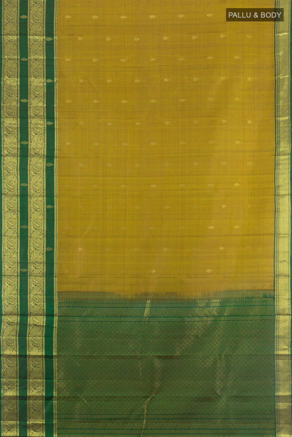 Flat view of Mehandi Green Kanchipuram Silk Saree with Zari Butta on the body and Zari Border. 