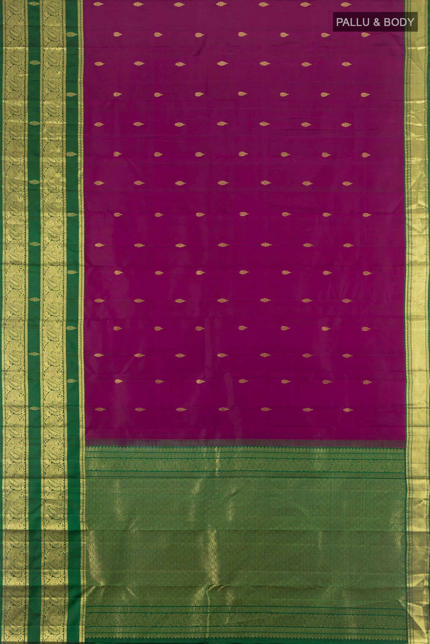 Flat view of Purple Kanchipuram Silk Saree with Zari Butta on the body and Zari Border. 