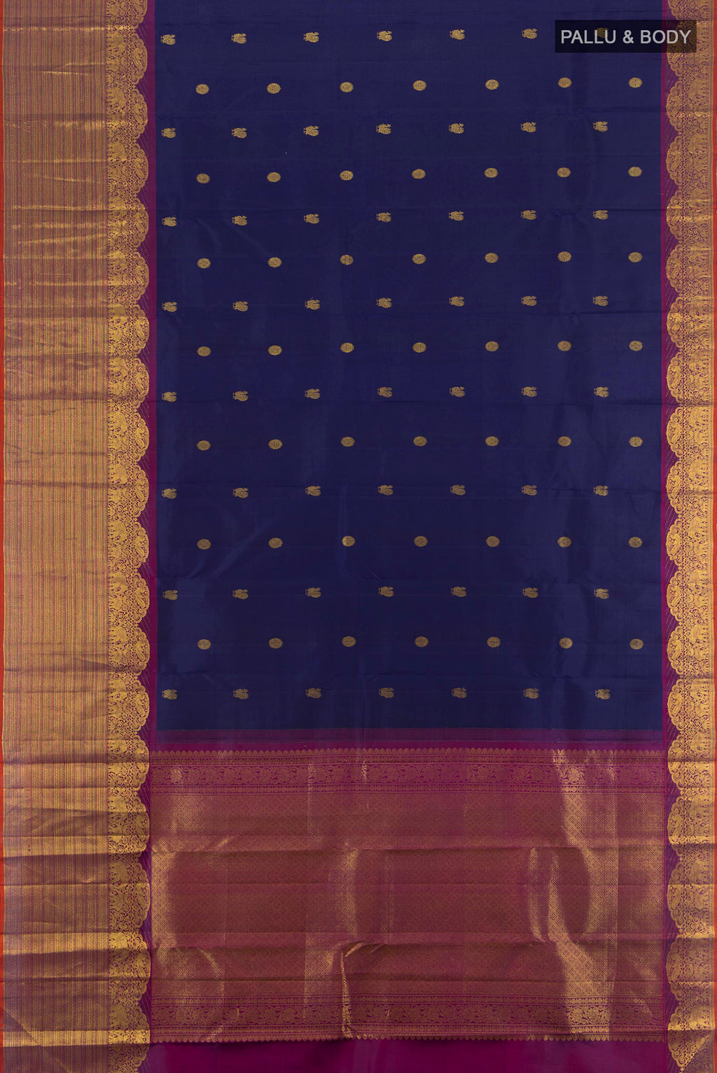 Flat view of Navy Blue Kanchipuram Silk Saree with Zari Butta on the body and Fancy Border. 